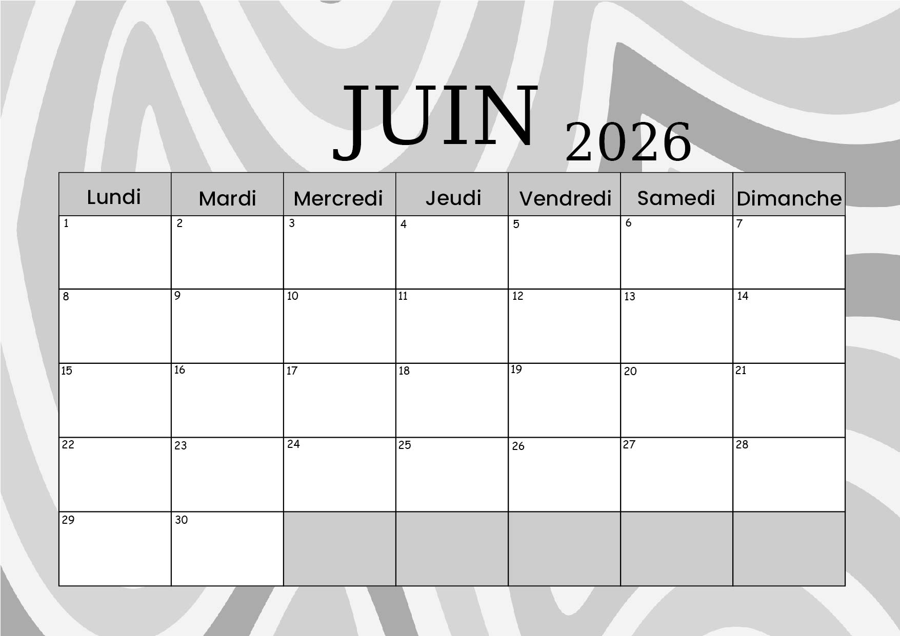 Calendrier Juin 2026 à imprimer