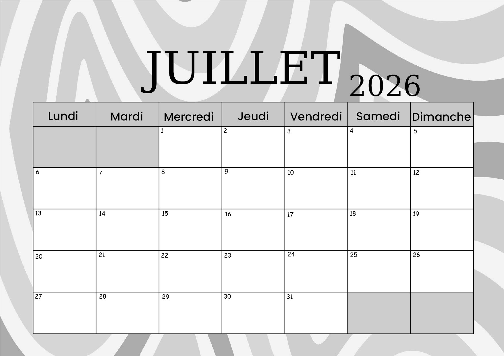Calendrier de Juillet 2026 à imprimer en PDF