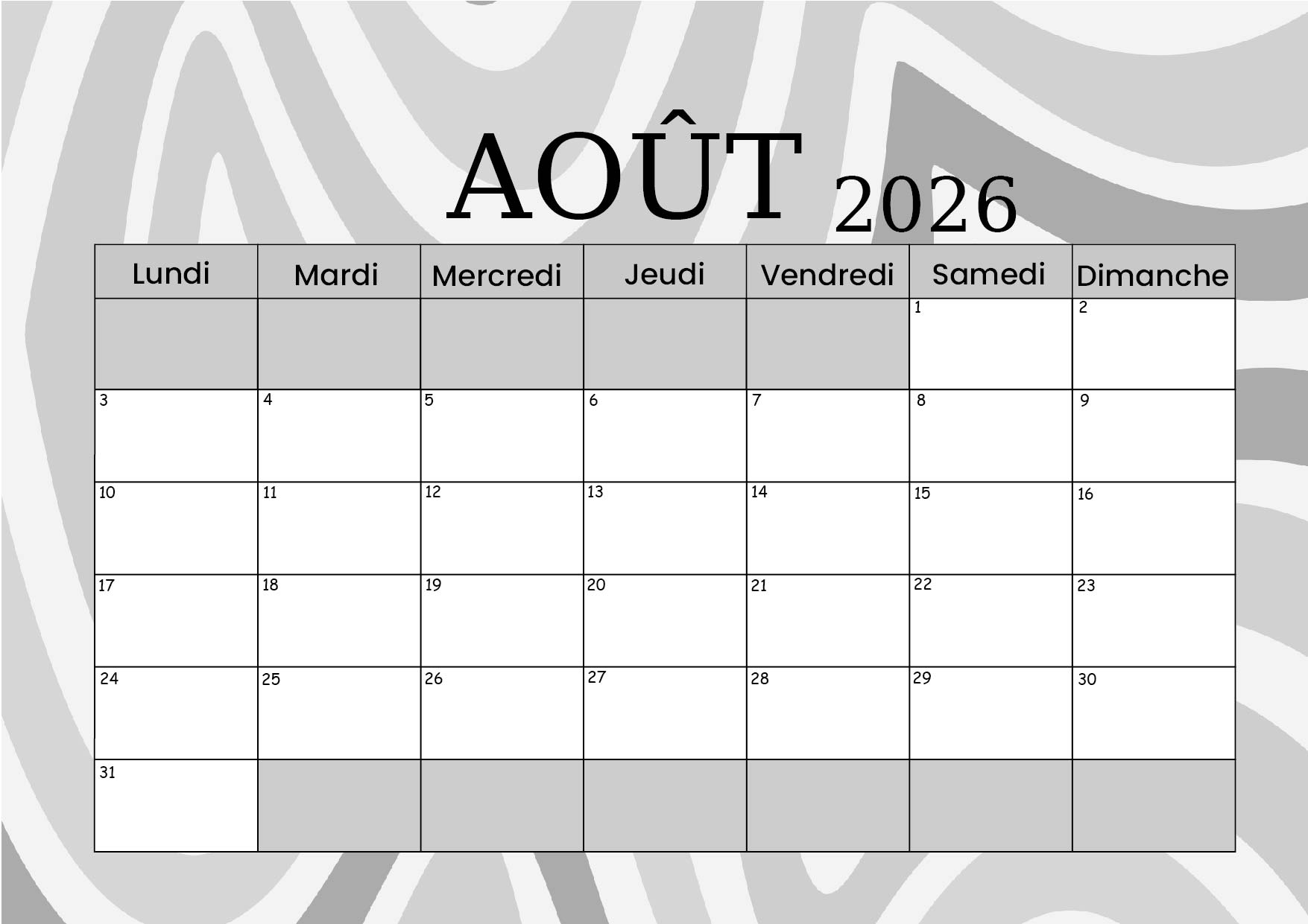 Calendrier Août 2026 à imprimer