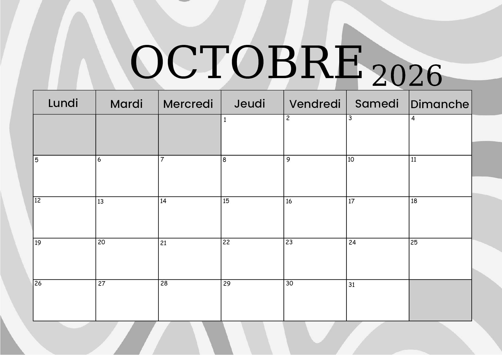 Calendrier de Octobre 2026 à imprimer en PDF