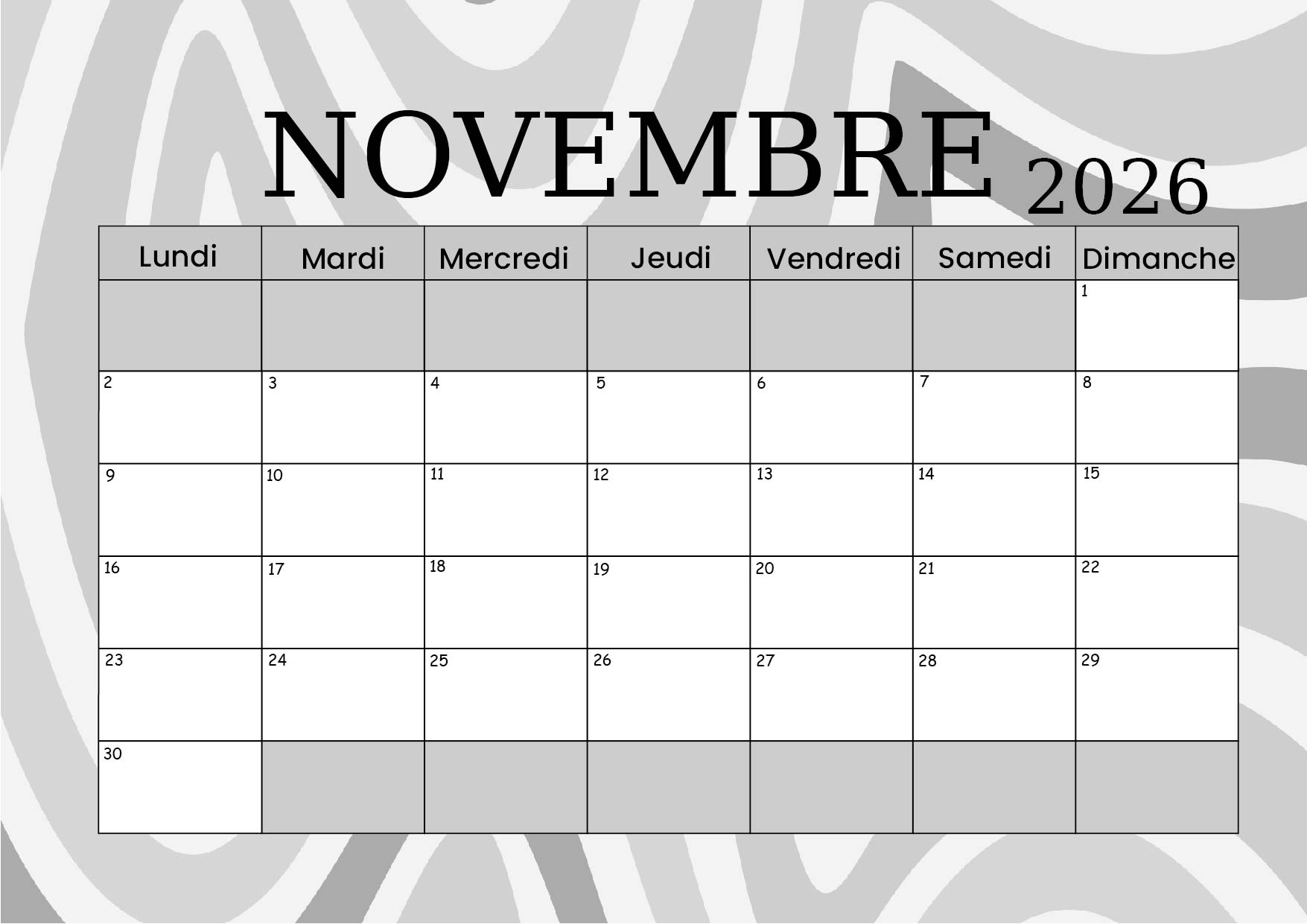 Calendrier de Novembre 2026 à imprimer en PDF