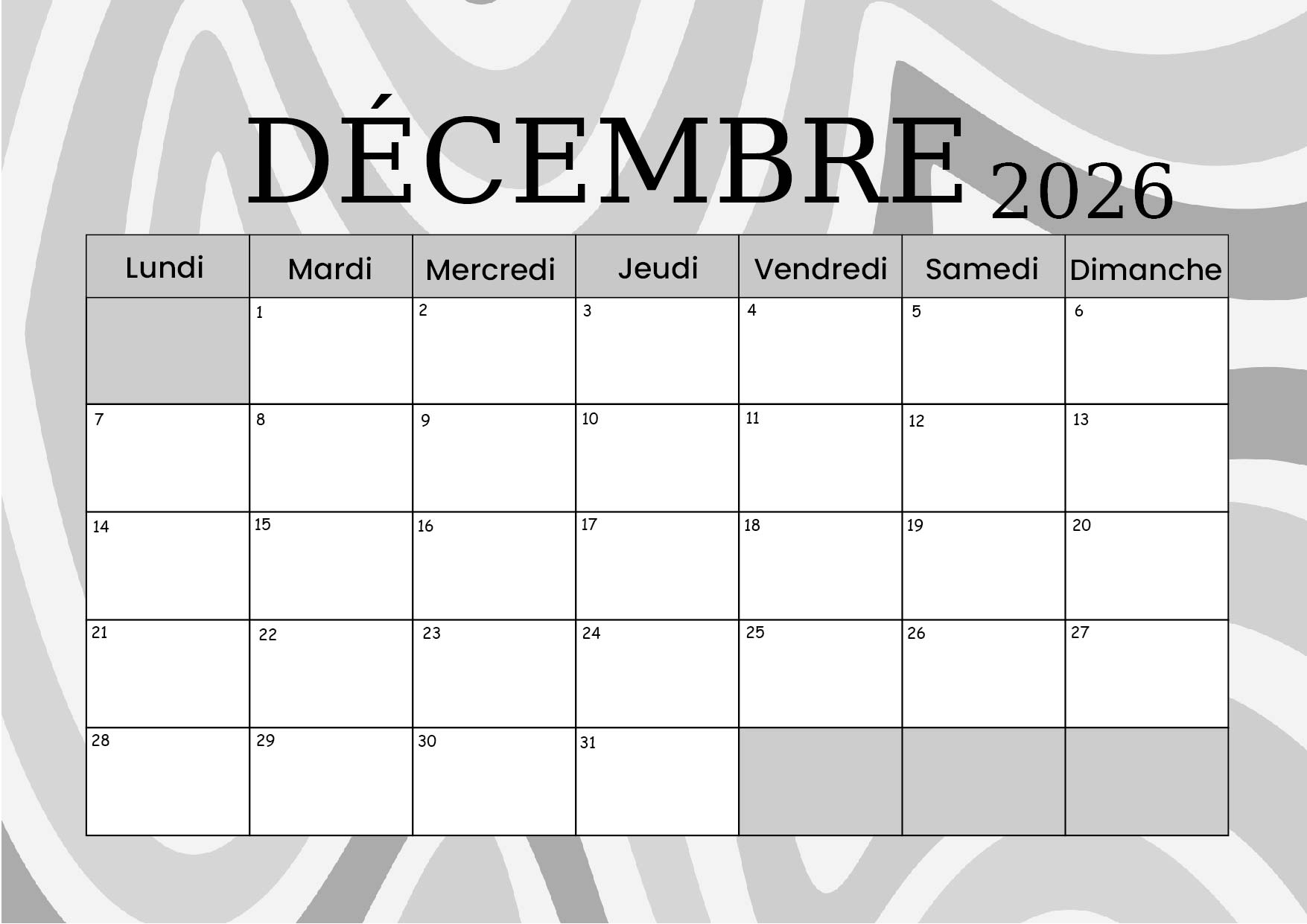 Calendrier Décembre 2026 à imprimer