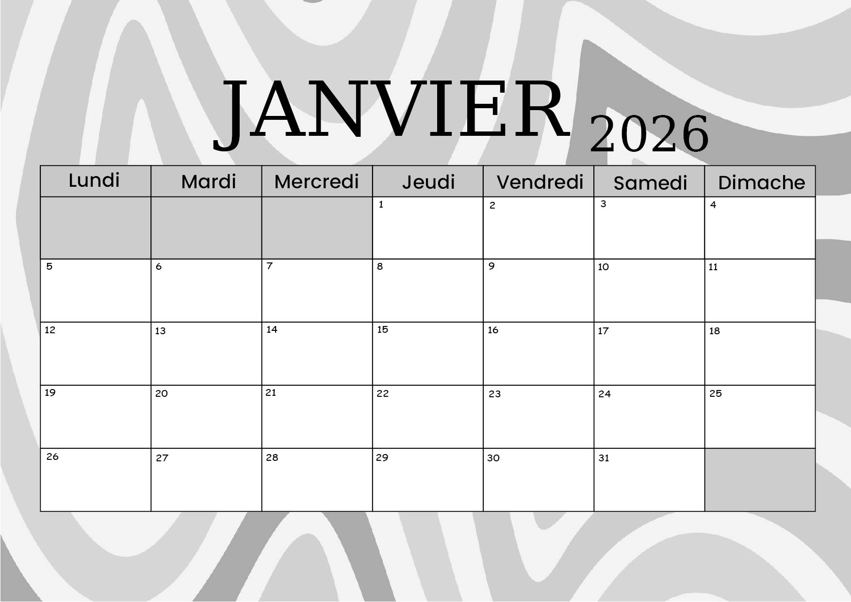 Calendrier de Janvier 2026 à imprimer en PDF