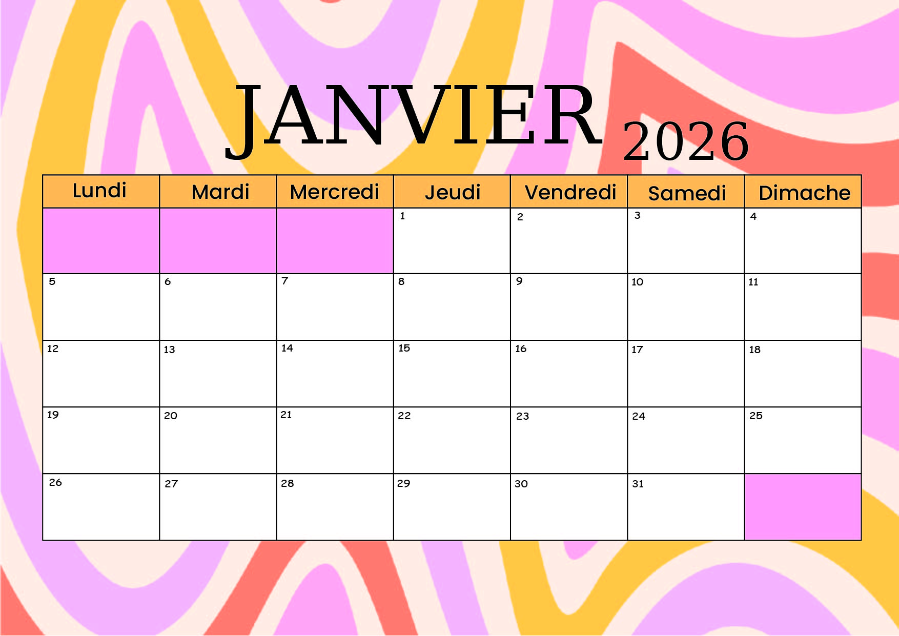 Calendrier de Janvier 2026 à imprimer en PDF