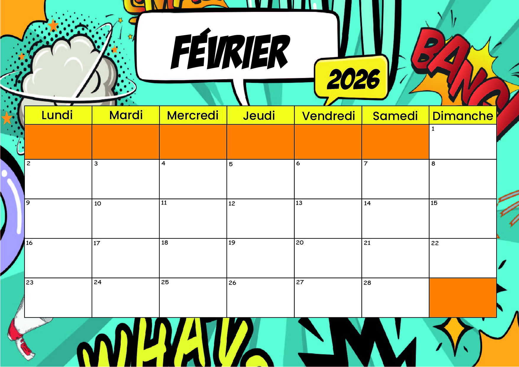 Calendrier de Février 2026 à imprimer en PDF