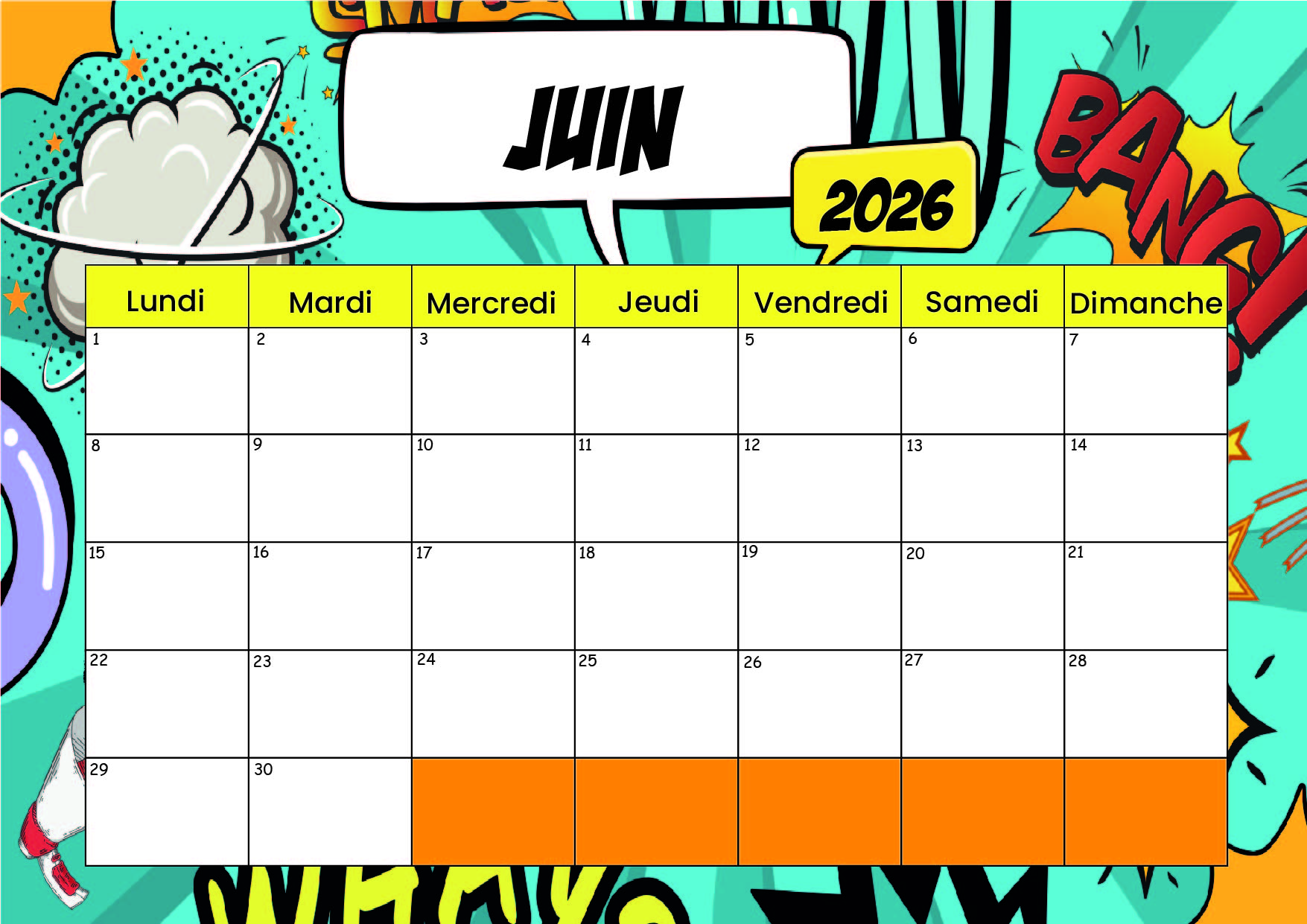 Calendrier Juin 2026 à imprimer