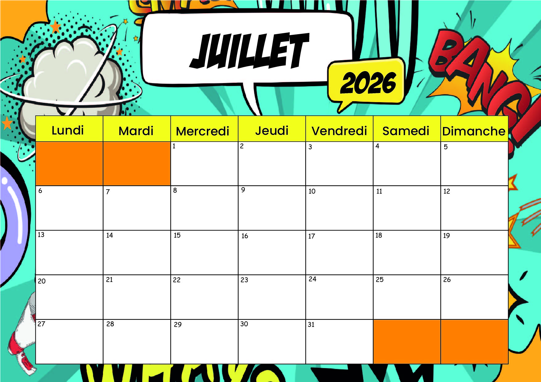 Calendrier de Juillet 2026 à imprimer en PDF