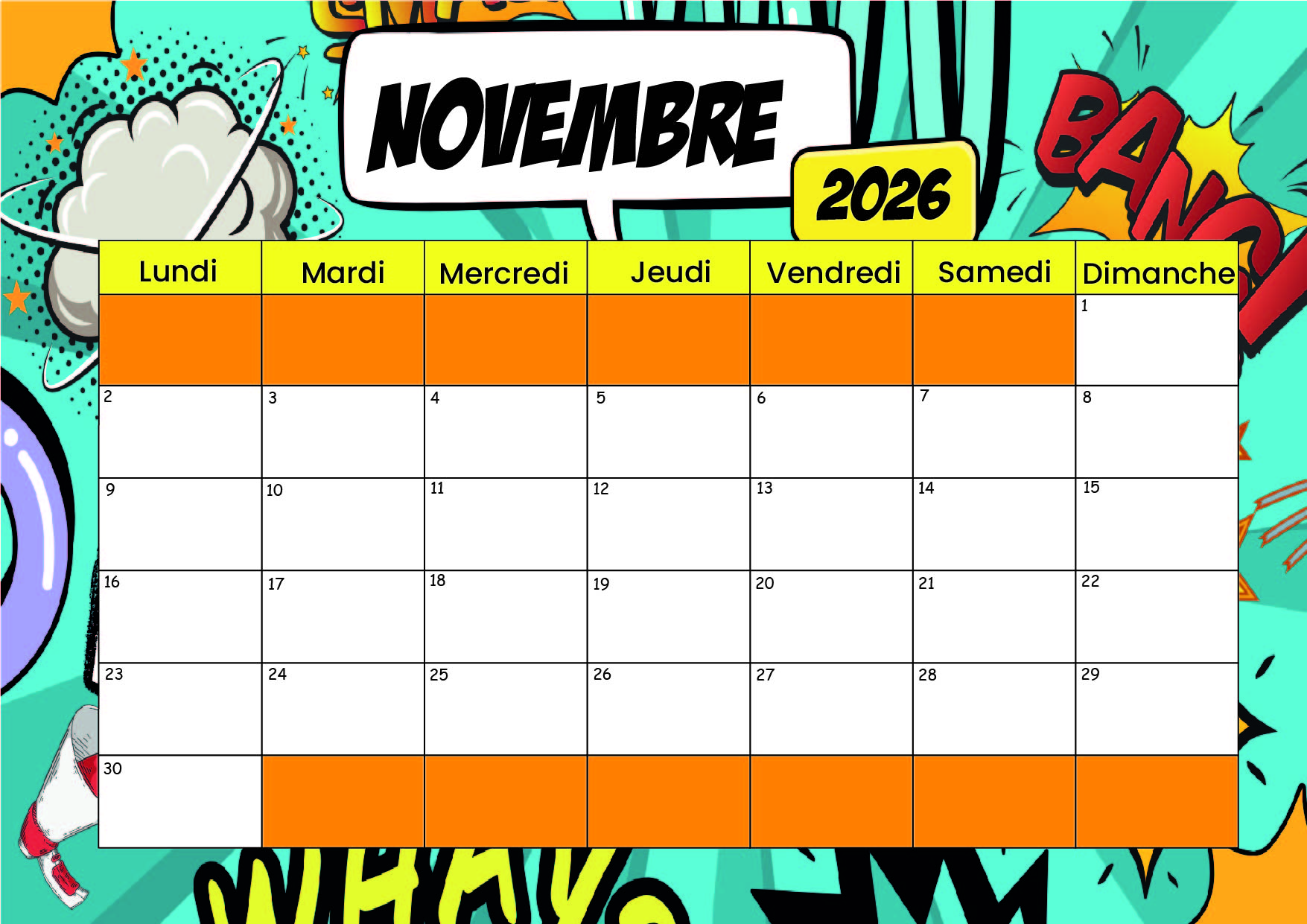Calendrier de Novembre 2026 à imprimer en PDF