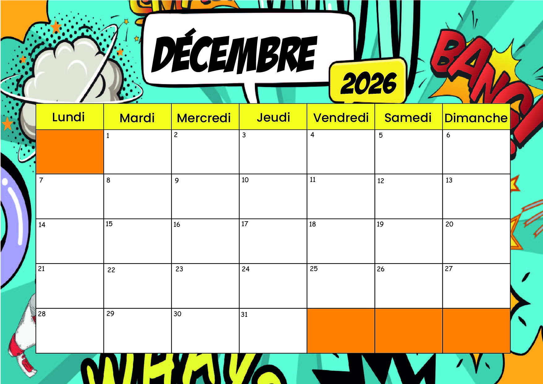 Calendrier Décembre 2026 à imprimer