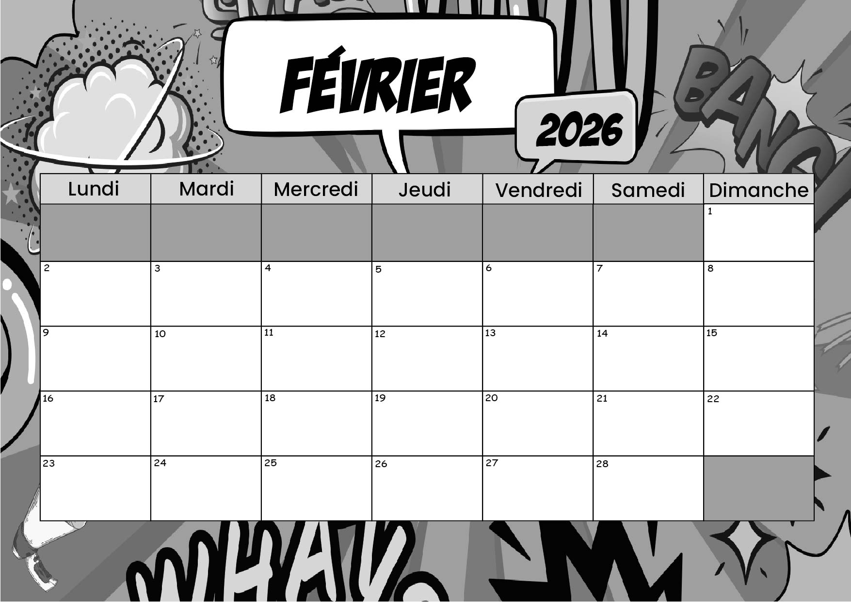 Calendrier de Février 2026 à imprimer en PDF