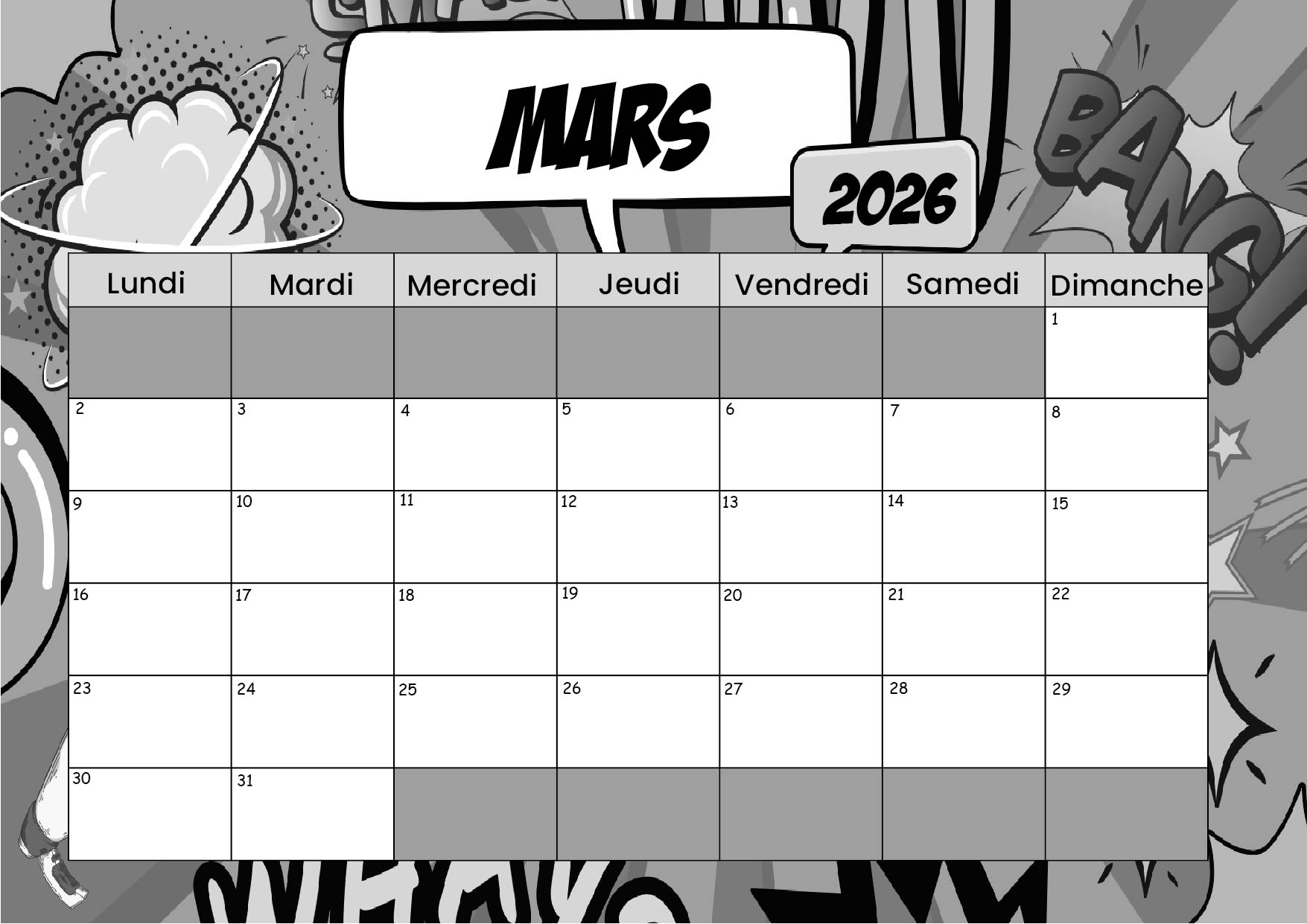 Calendrier Mars 2026 à imprimer