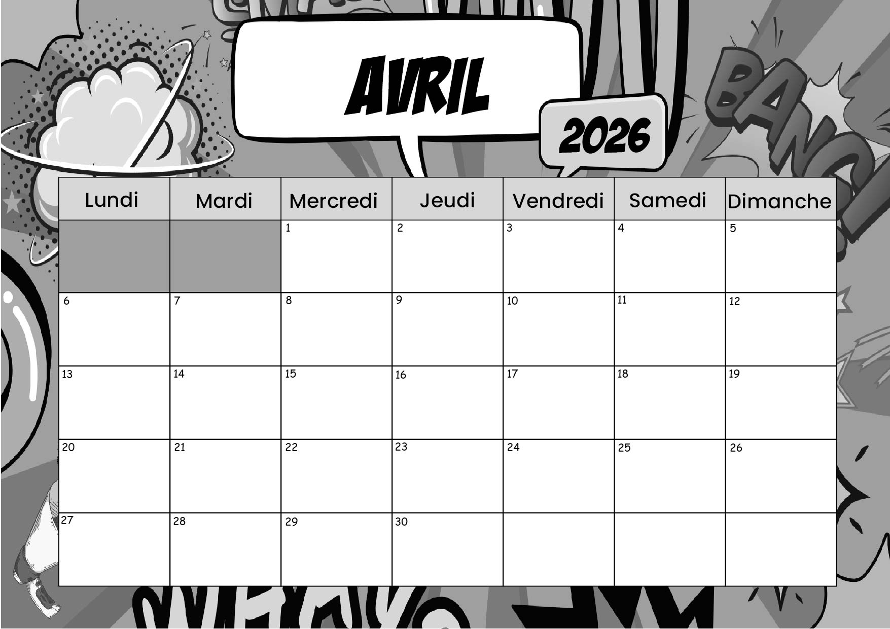 Calendrier Avril 2026 à imprimer