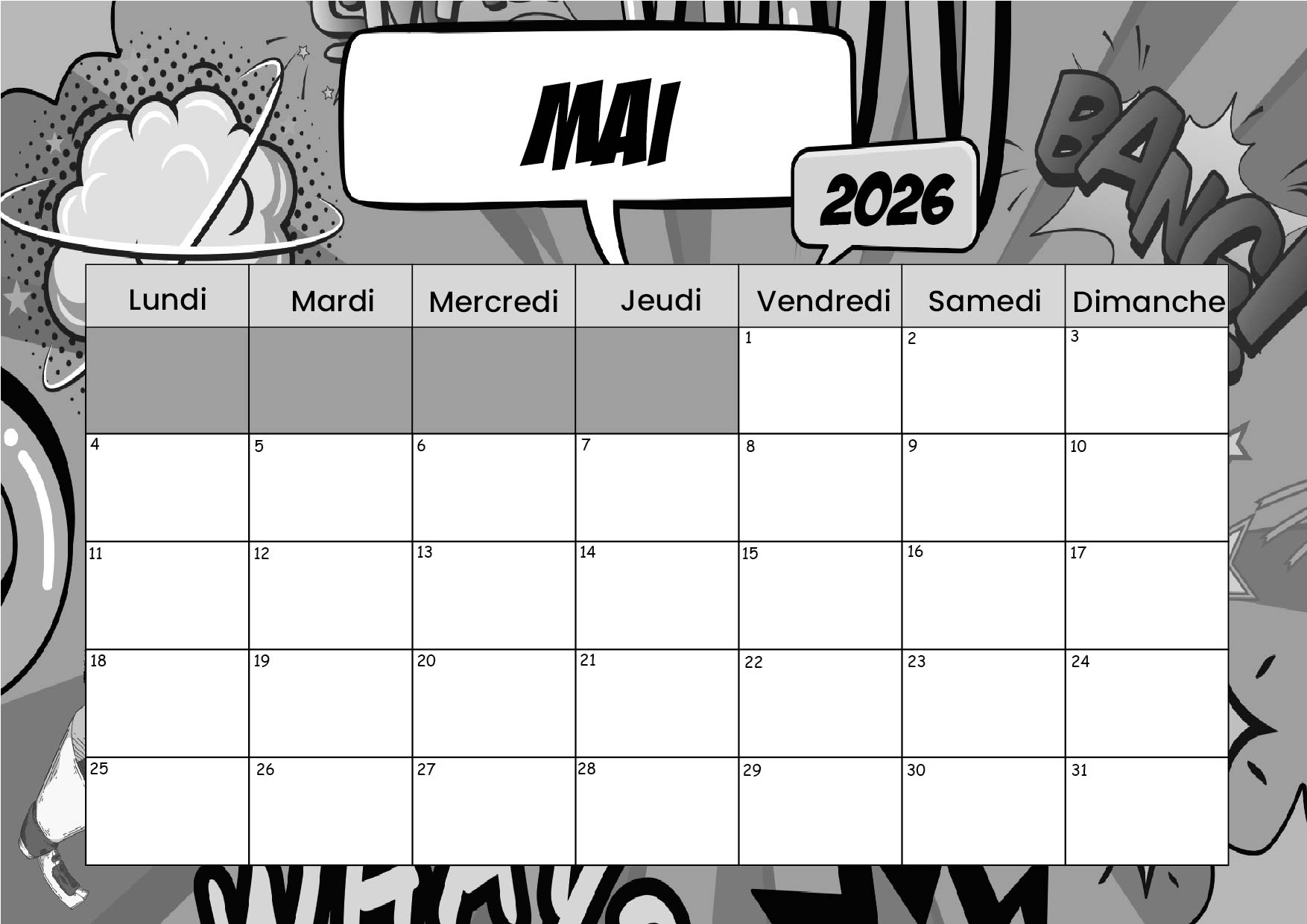 Calendrier Mai 2026 à imprimer