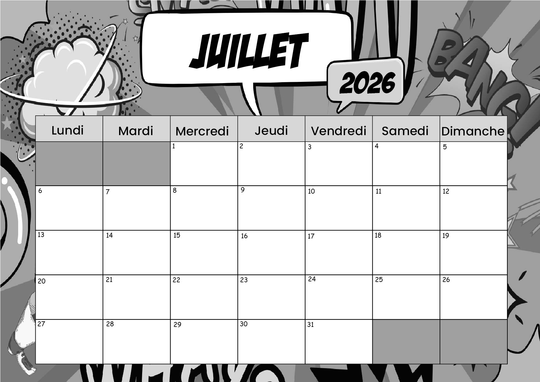 Calendrier de Juillet 2026 à imprimer en PDF