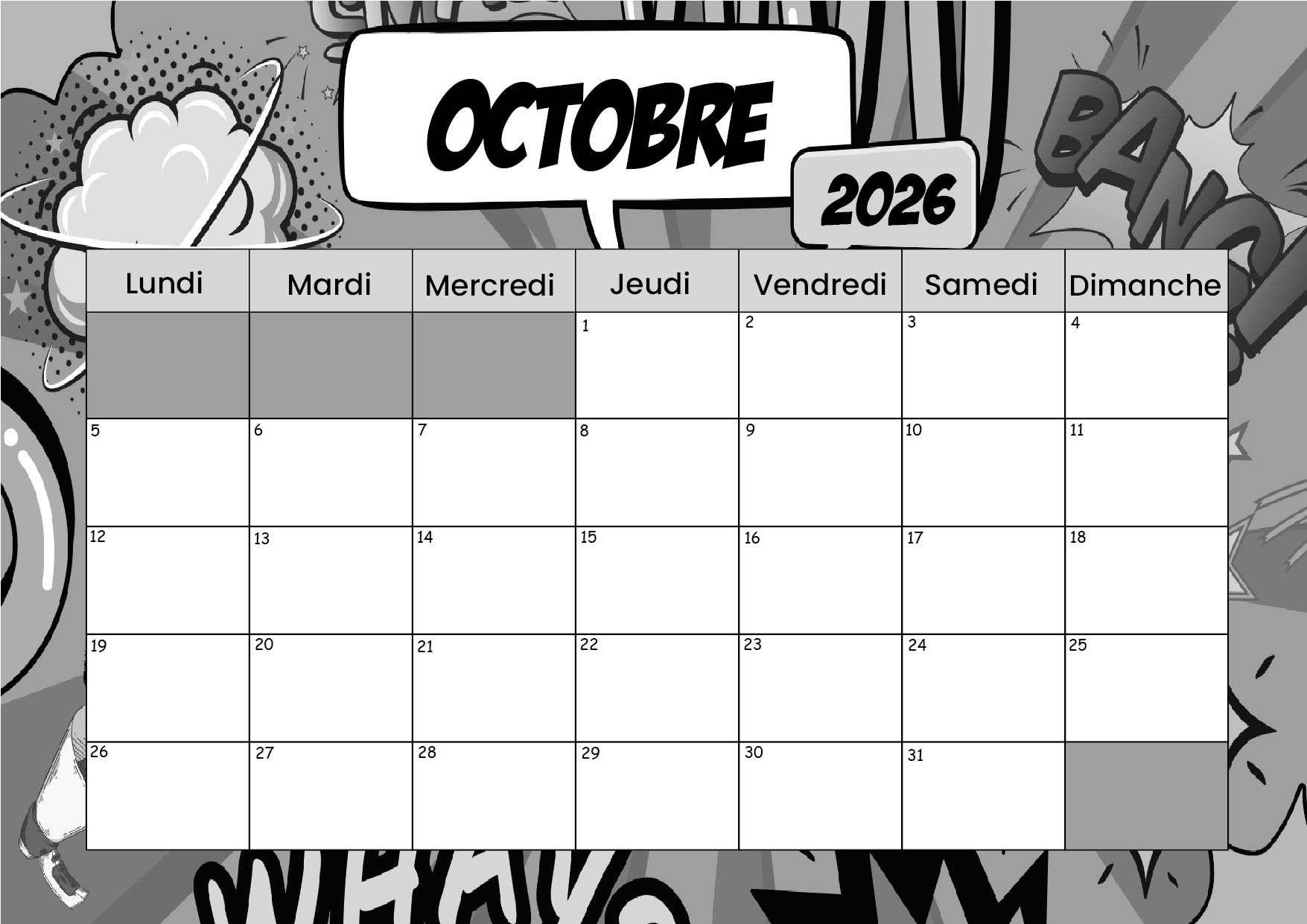 Calendrier Octobre 2026 à imprimer