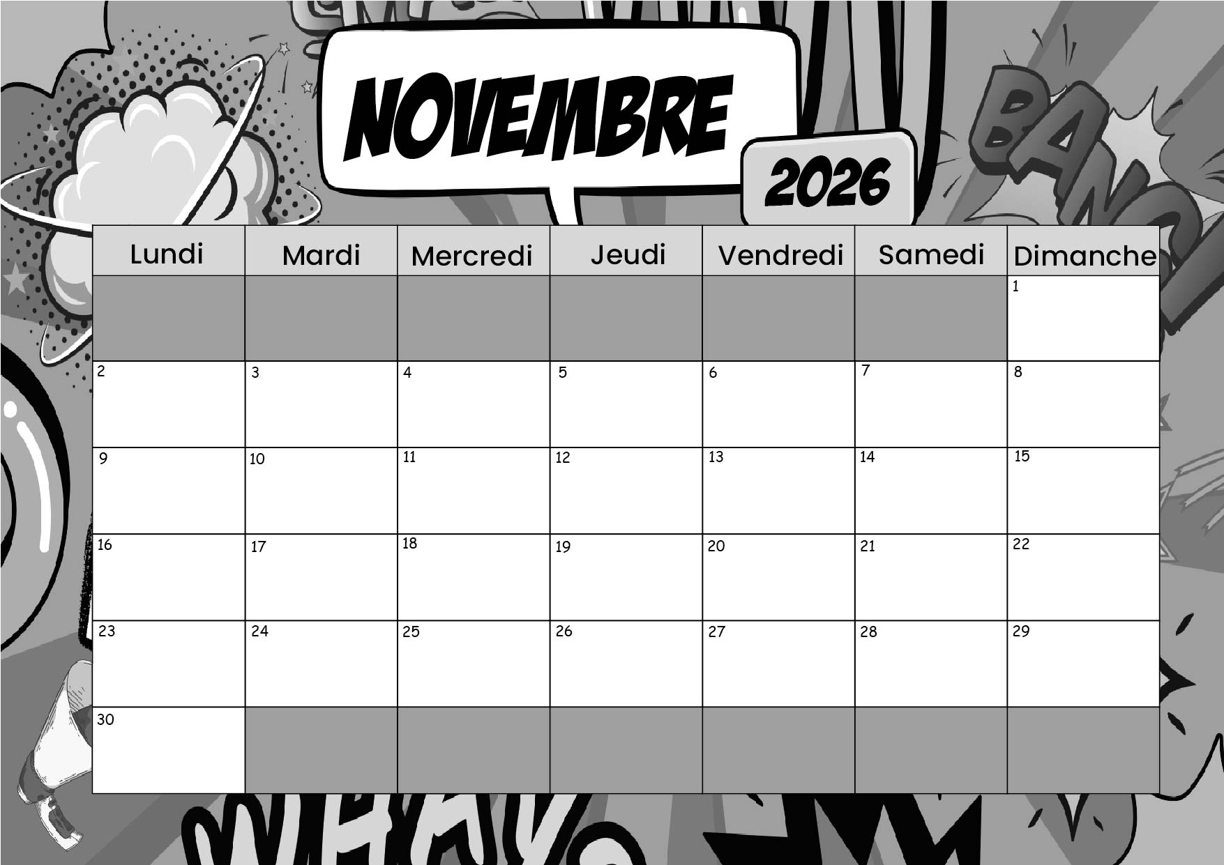 Calendrier de Novembre 2026 à imprimer en PDF