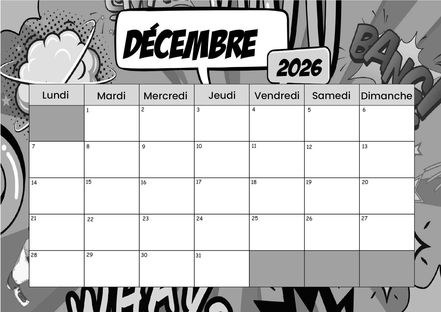 Calendrier Décembre 2026 à imprimer