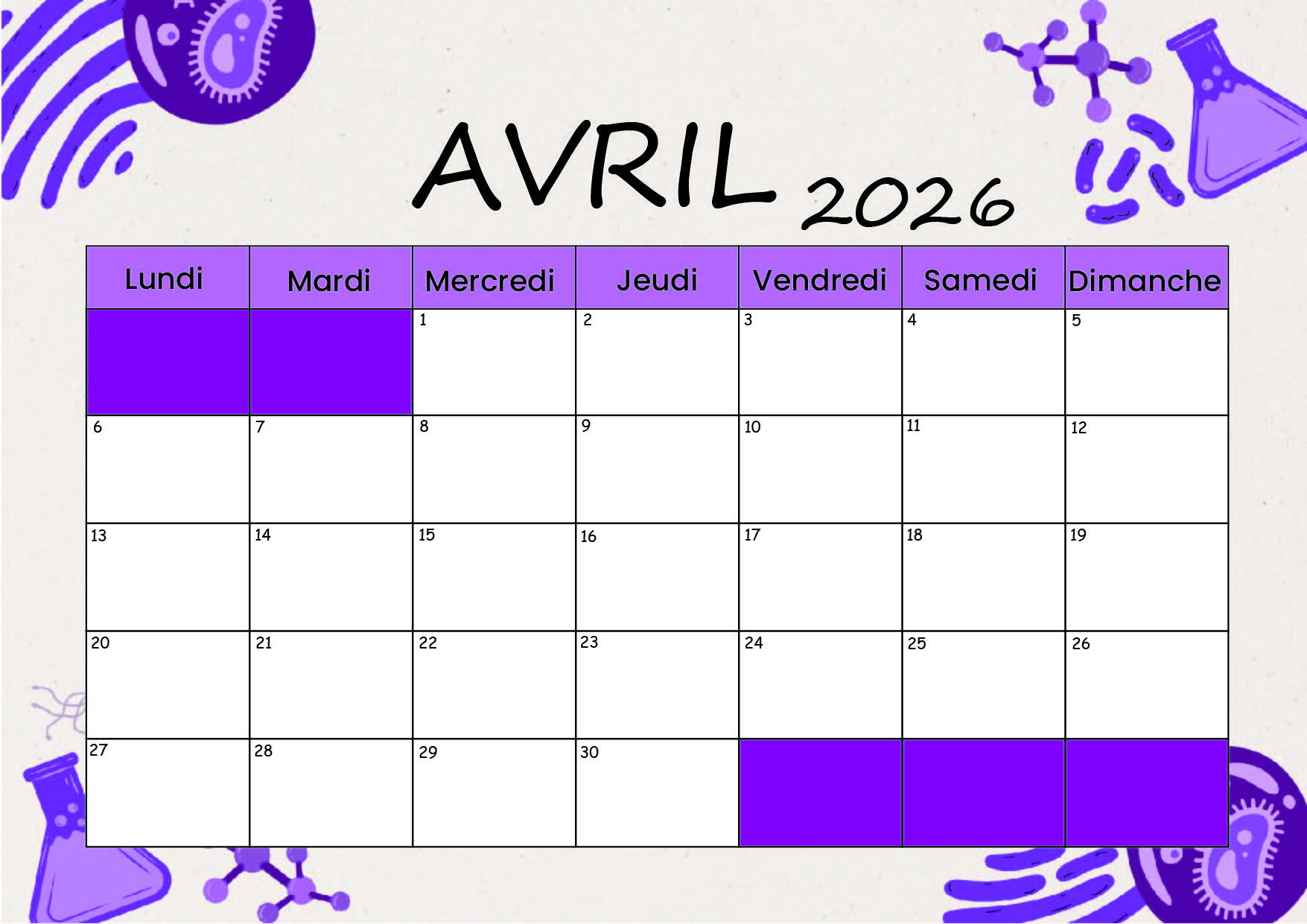 Calendrier Avril 2026 à imprimer