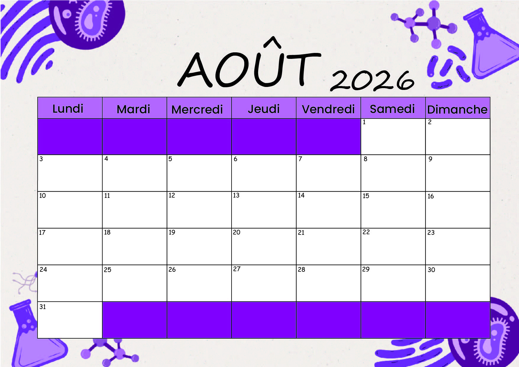 Calendrier Août 2026 à imprimer