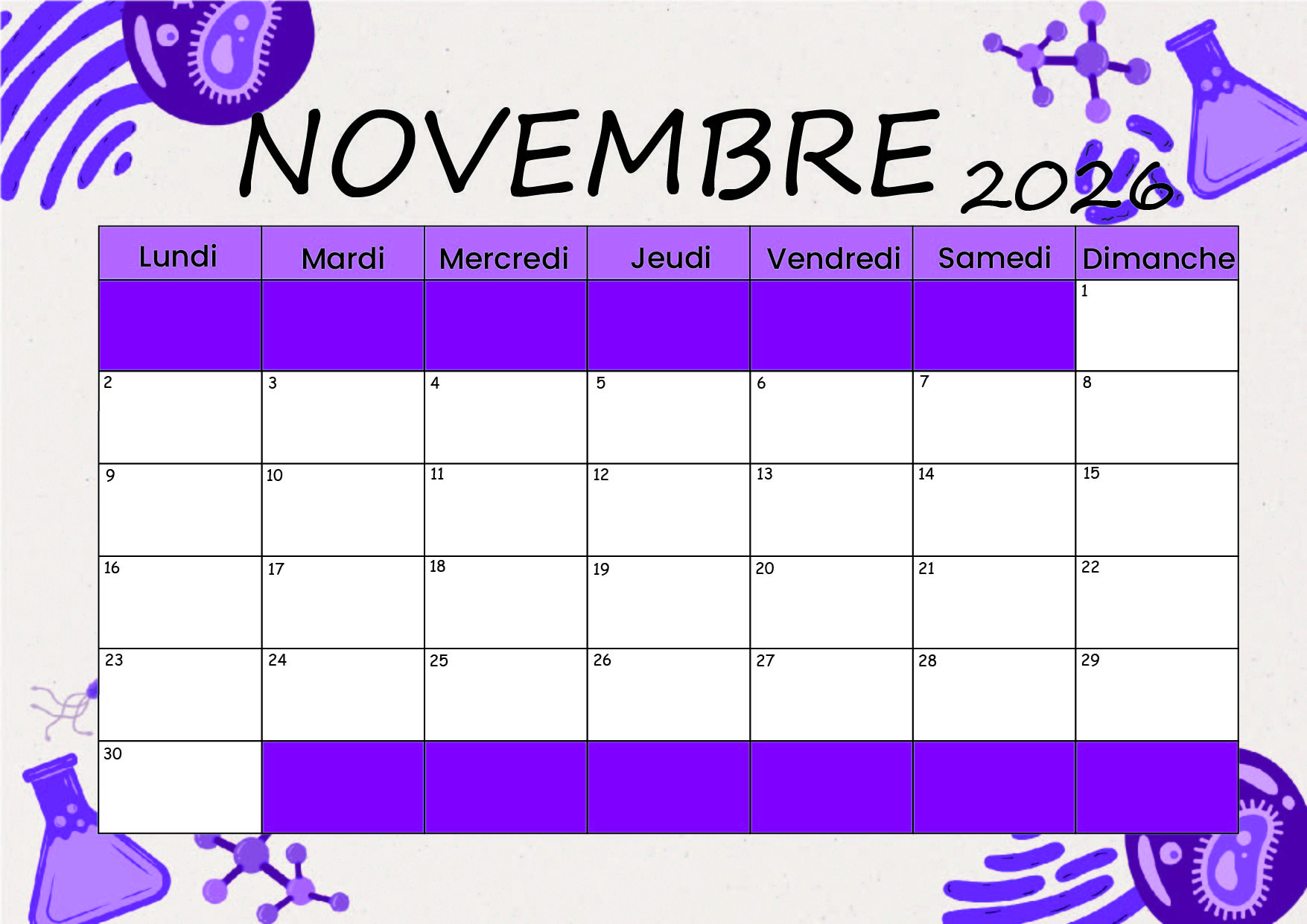Calendrier Novembre 2026 à imprimer