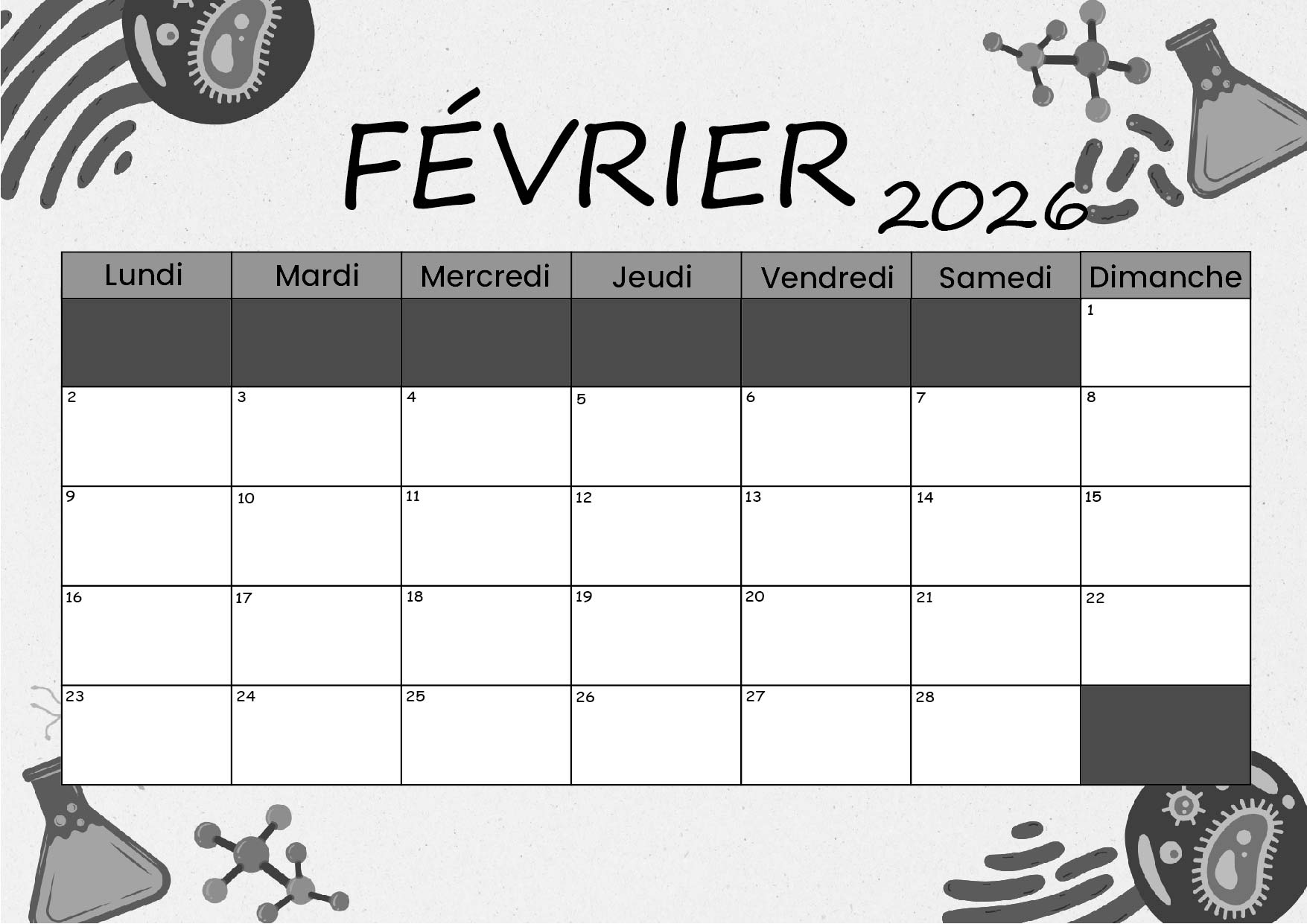 Calendrier de Février 2026 à imprimer en PDF
