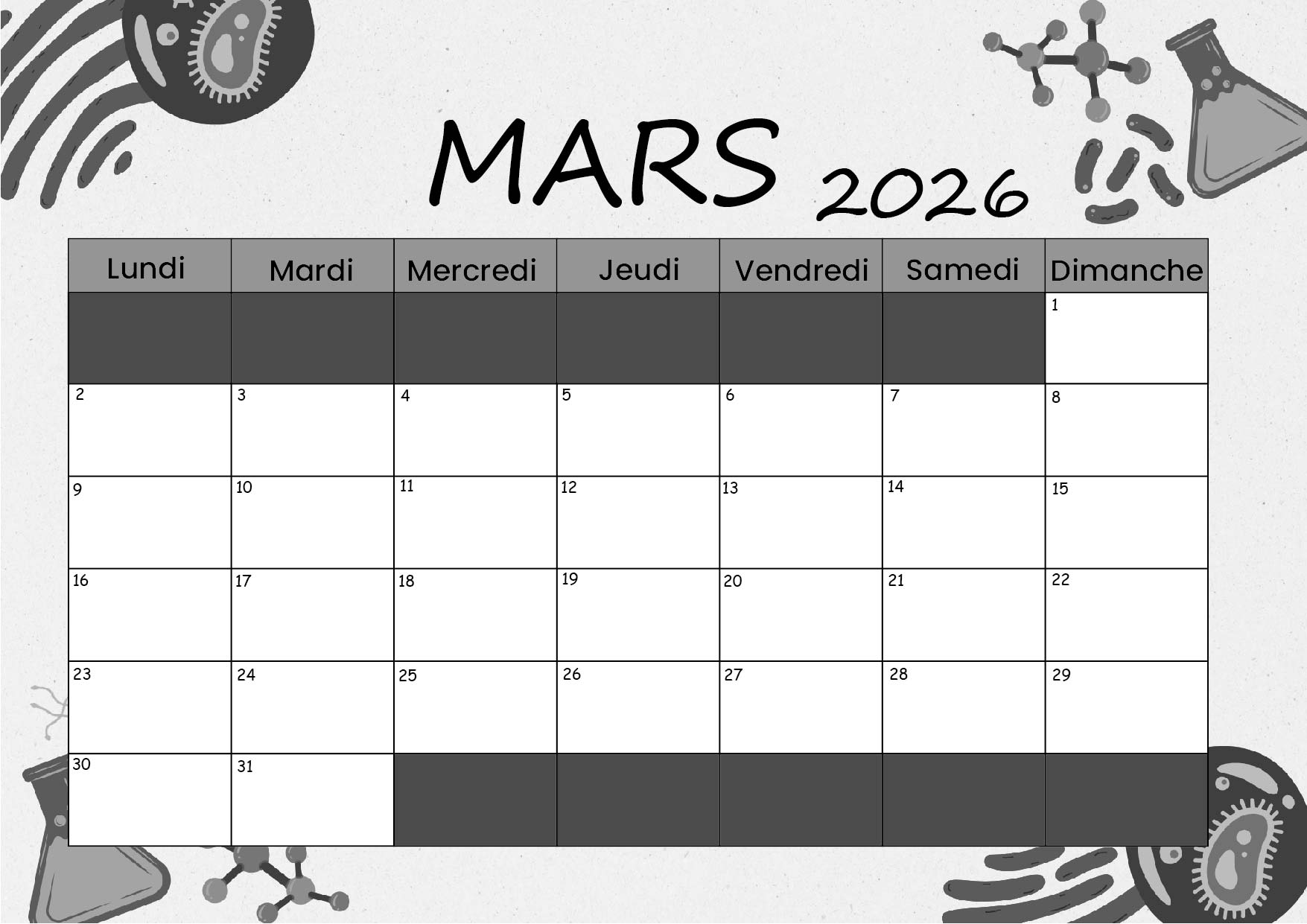 Calendrier Mars 2026 à imprimer