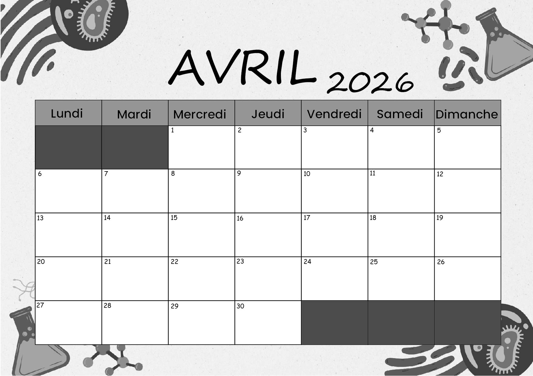 Calendrier Avril 2026 à imprimer