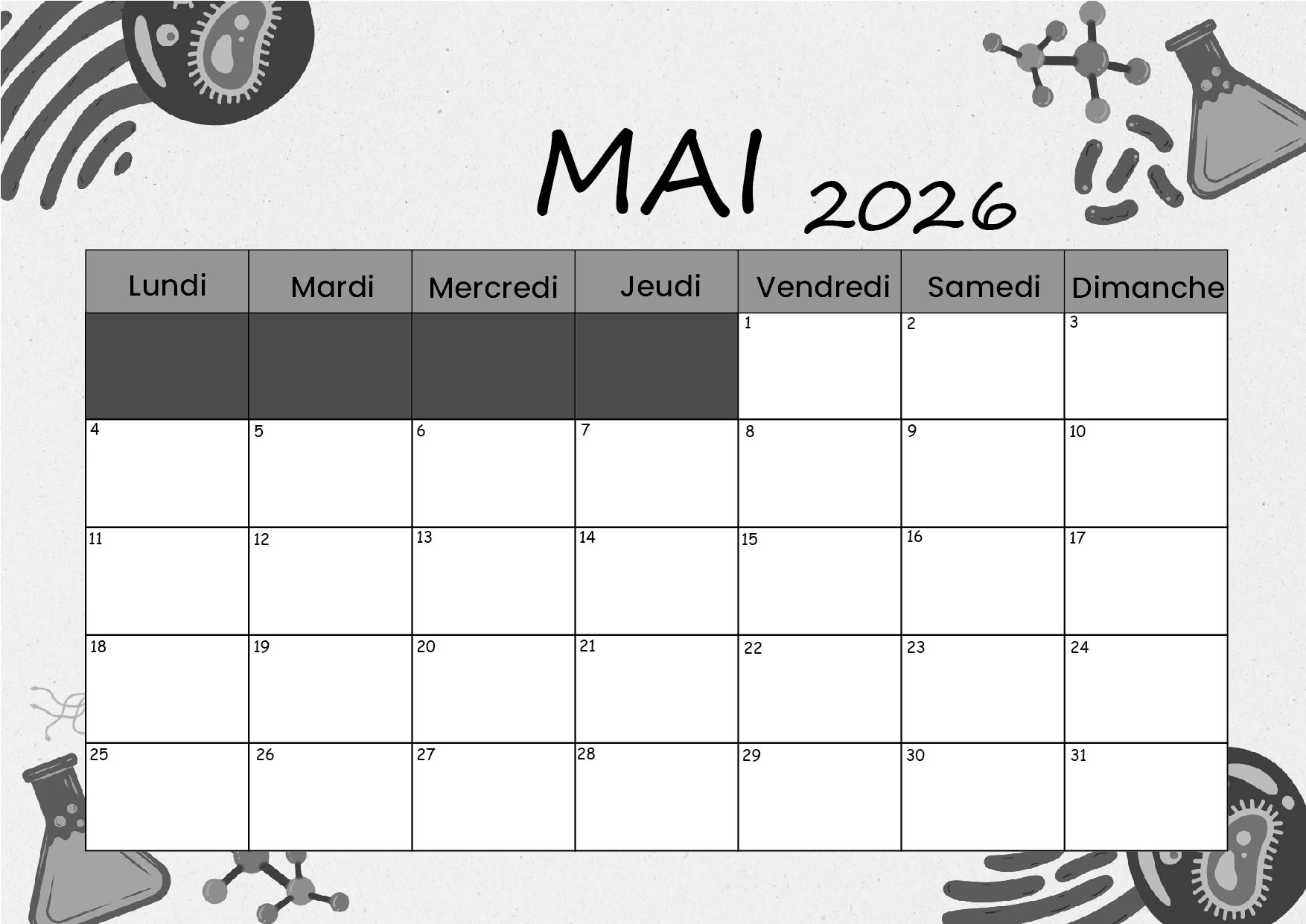 Calendrier Mai 2026 à imprimer
