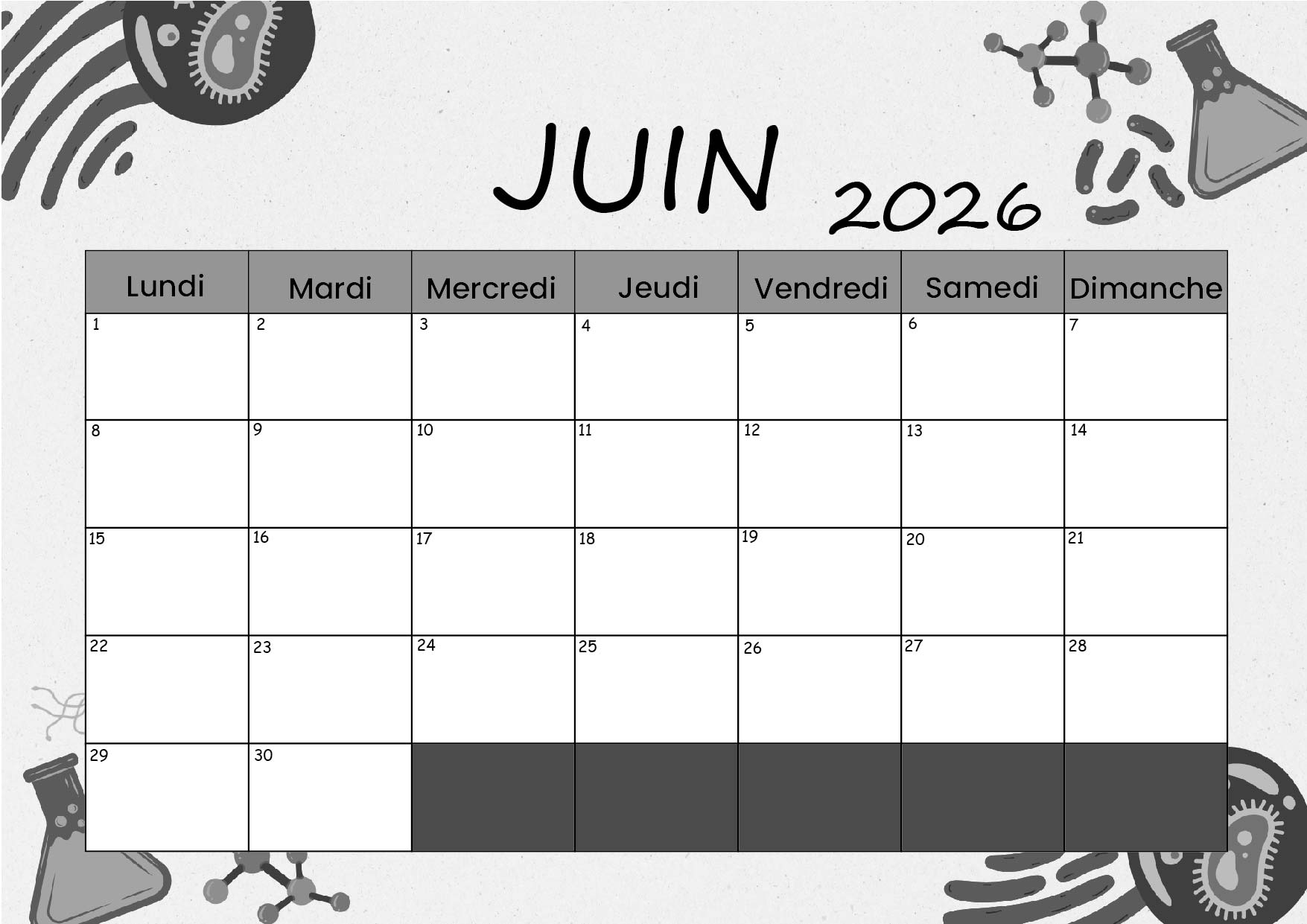 Calendrier Juin 2026 à imprimer