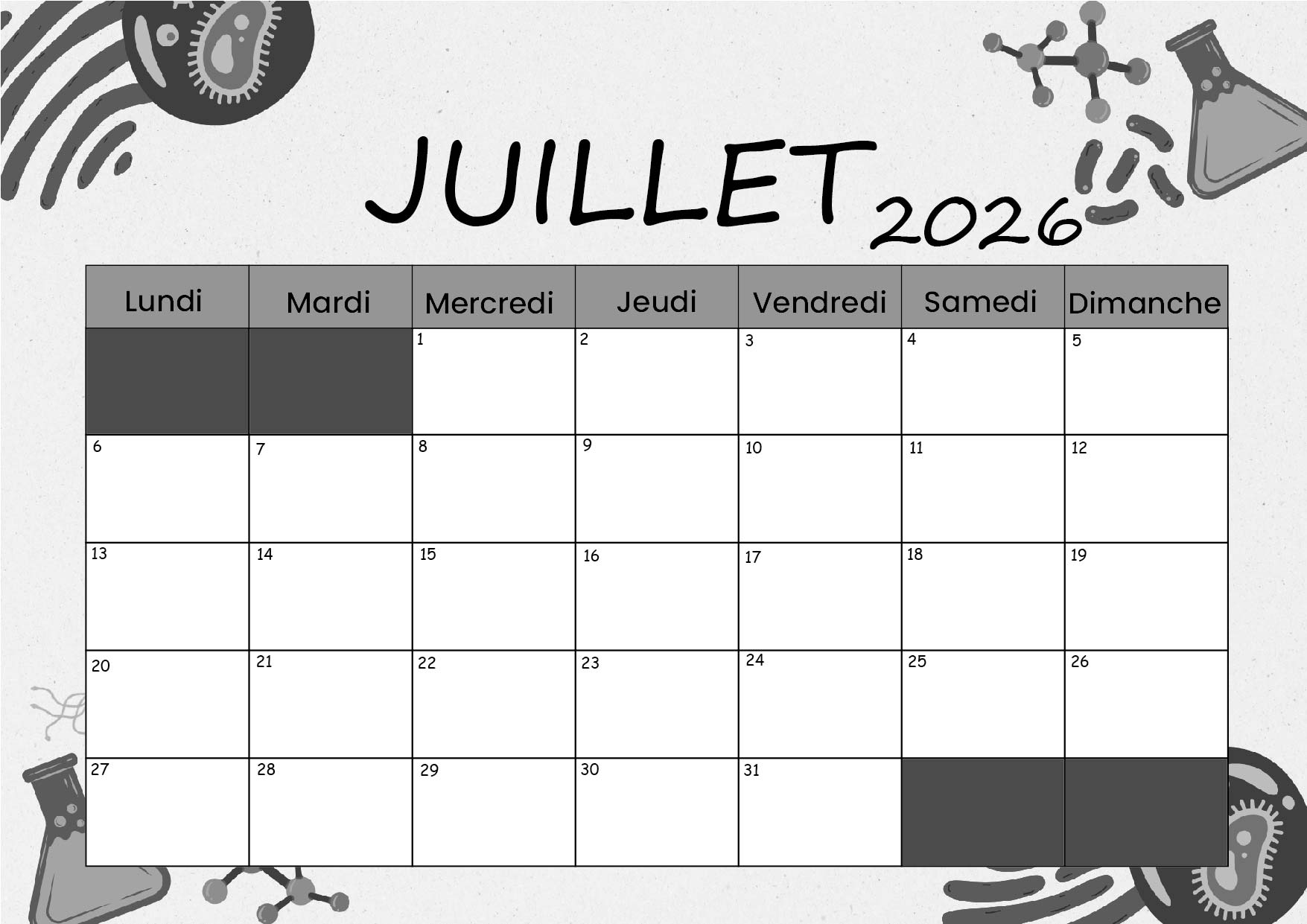 Calendrier de Juillet 2026 à imprimer en PDF