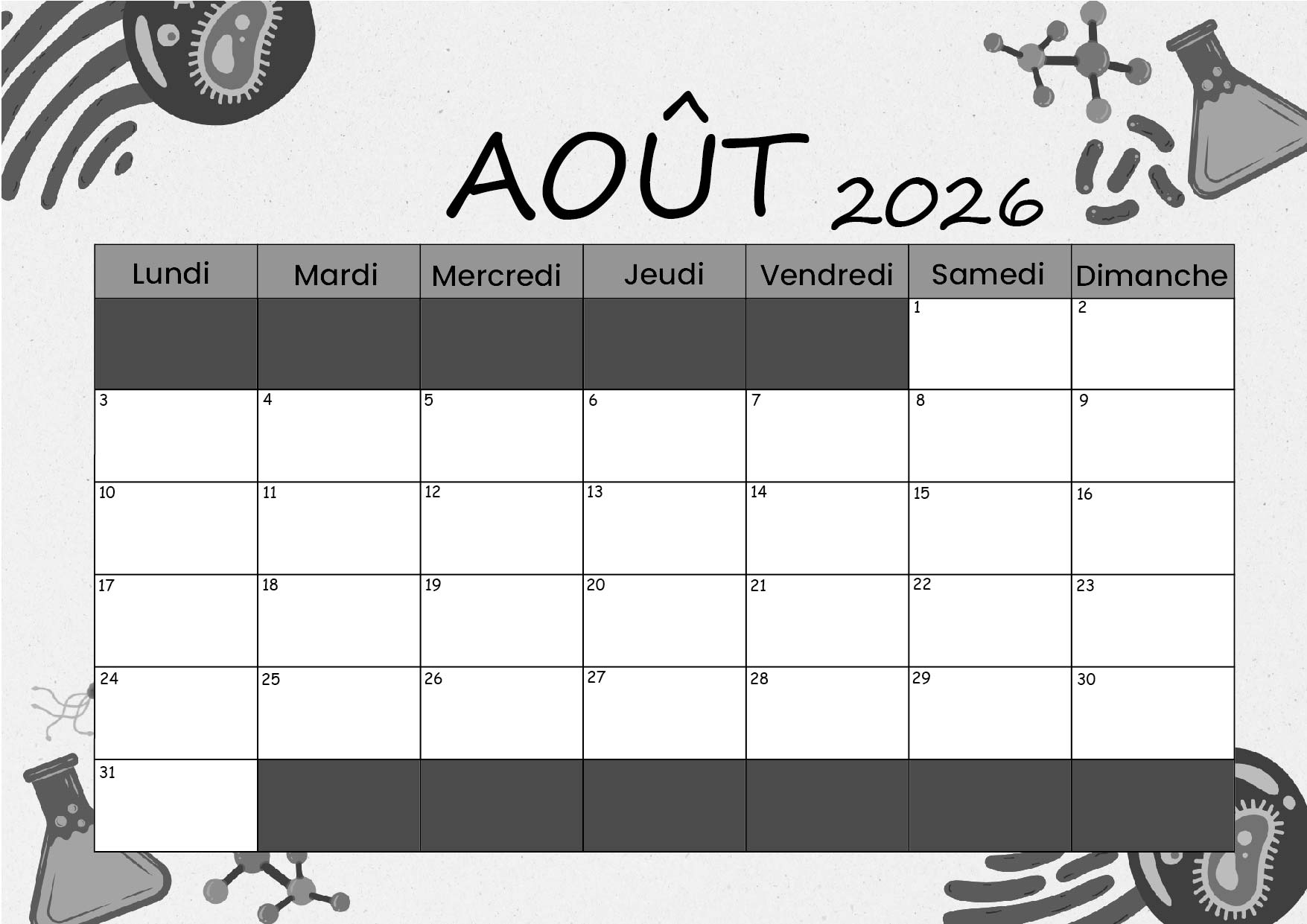 Calendrier Août 2026 à imprimer