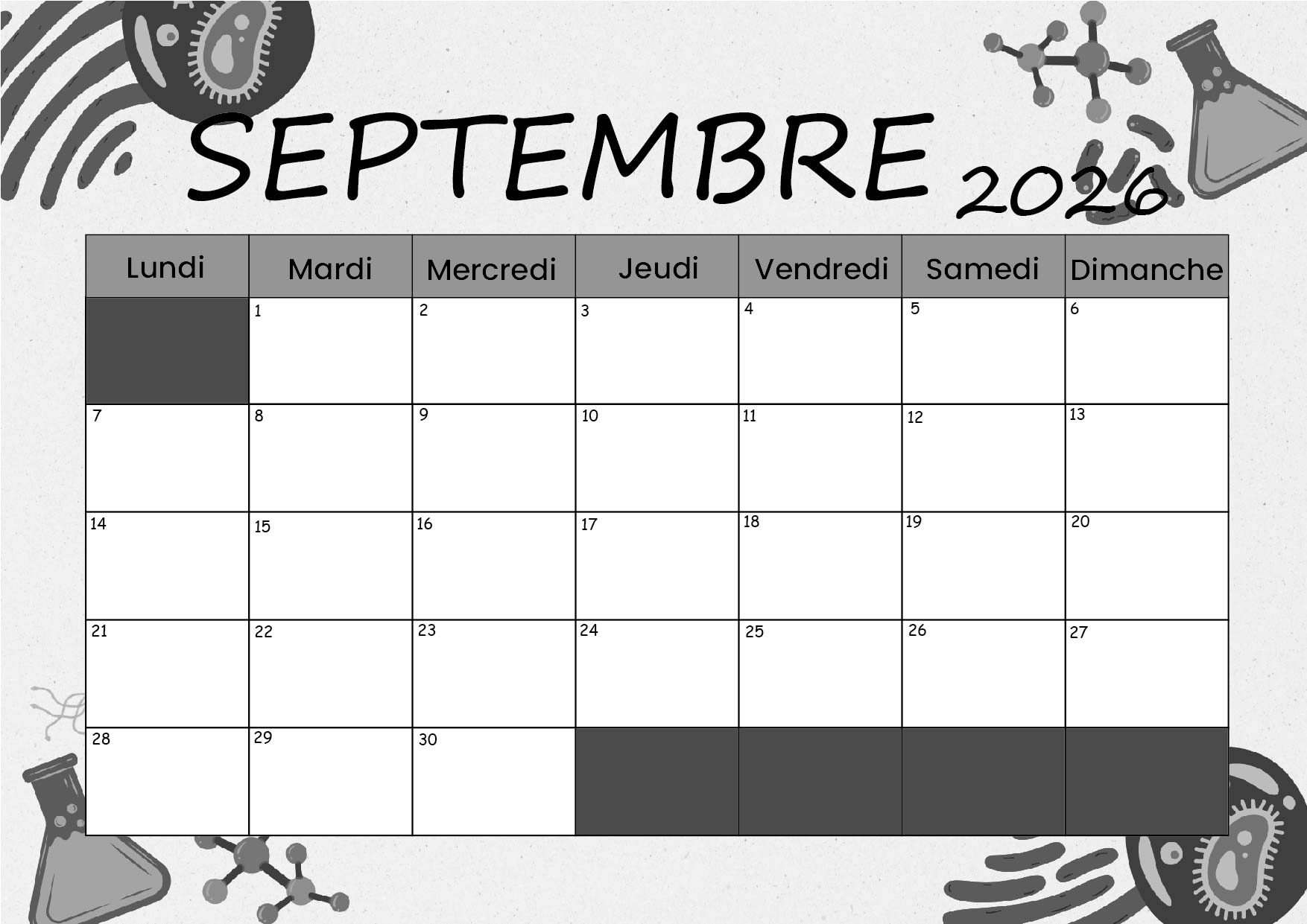Calendrier de Septembre 2026 à imprimer en PDF