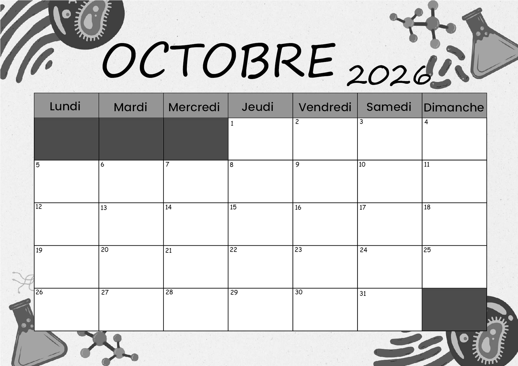 Calendrier de Octobre 2026 à imprimer en PDF