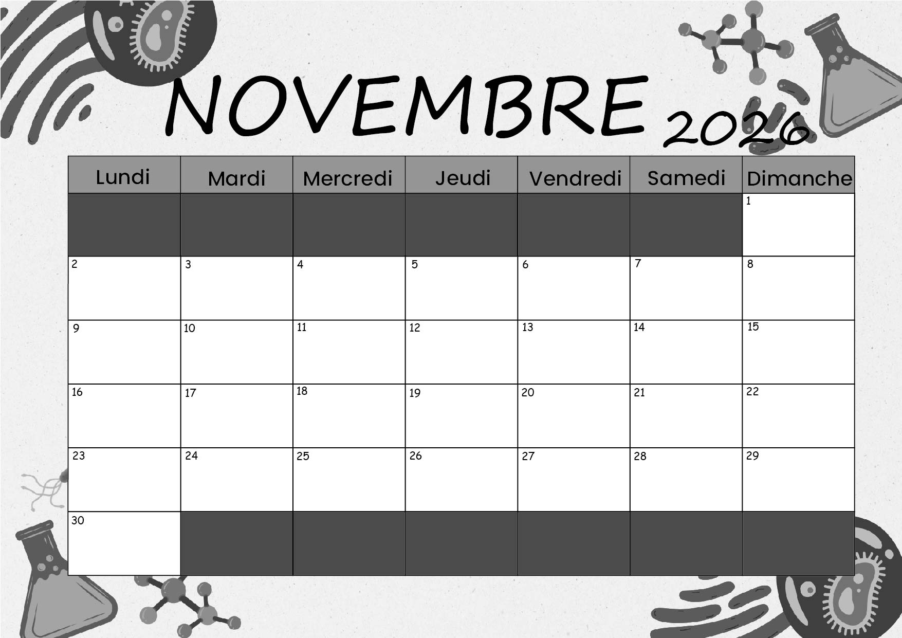 Calendrier Novembre 2026 à imprimer