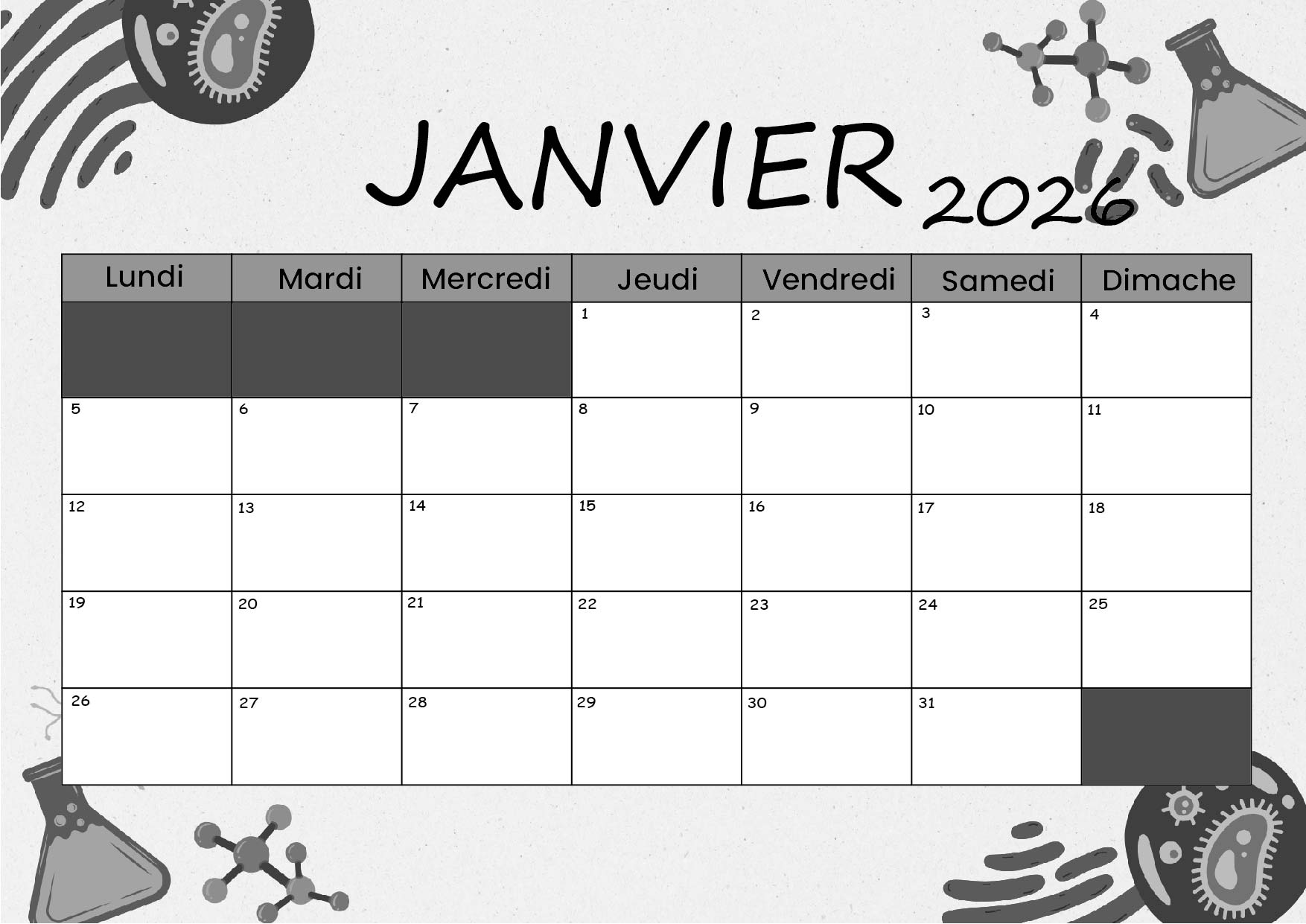Calendrier de Janvier 2026 à imprimer en PDF
