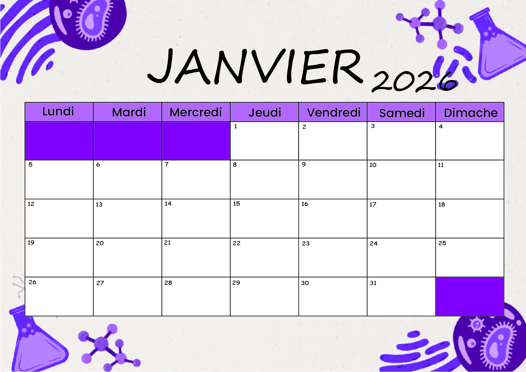 Calendrier de Janvier 2026 à imprimer en PDF