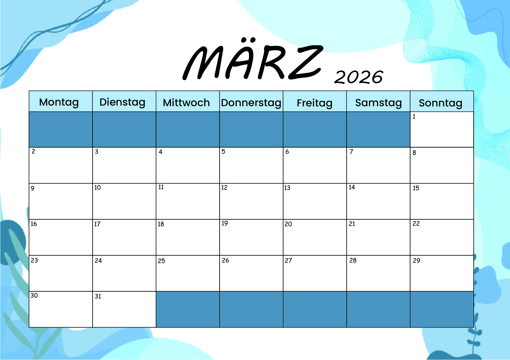 Kalender März zum 2026 Ausdrucken