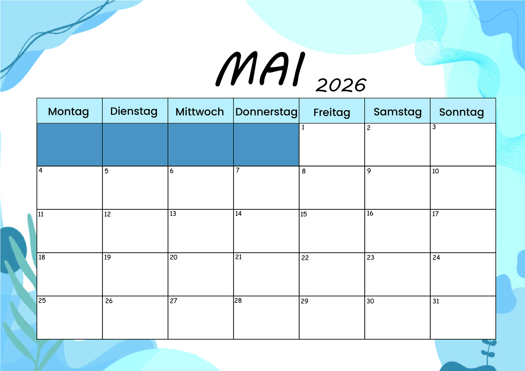 Kalender Mai zum 2026 Ausdrucken