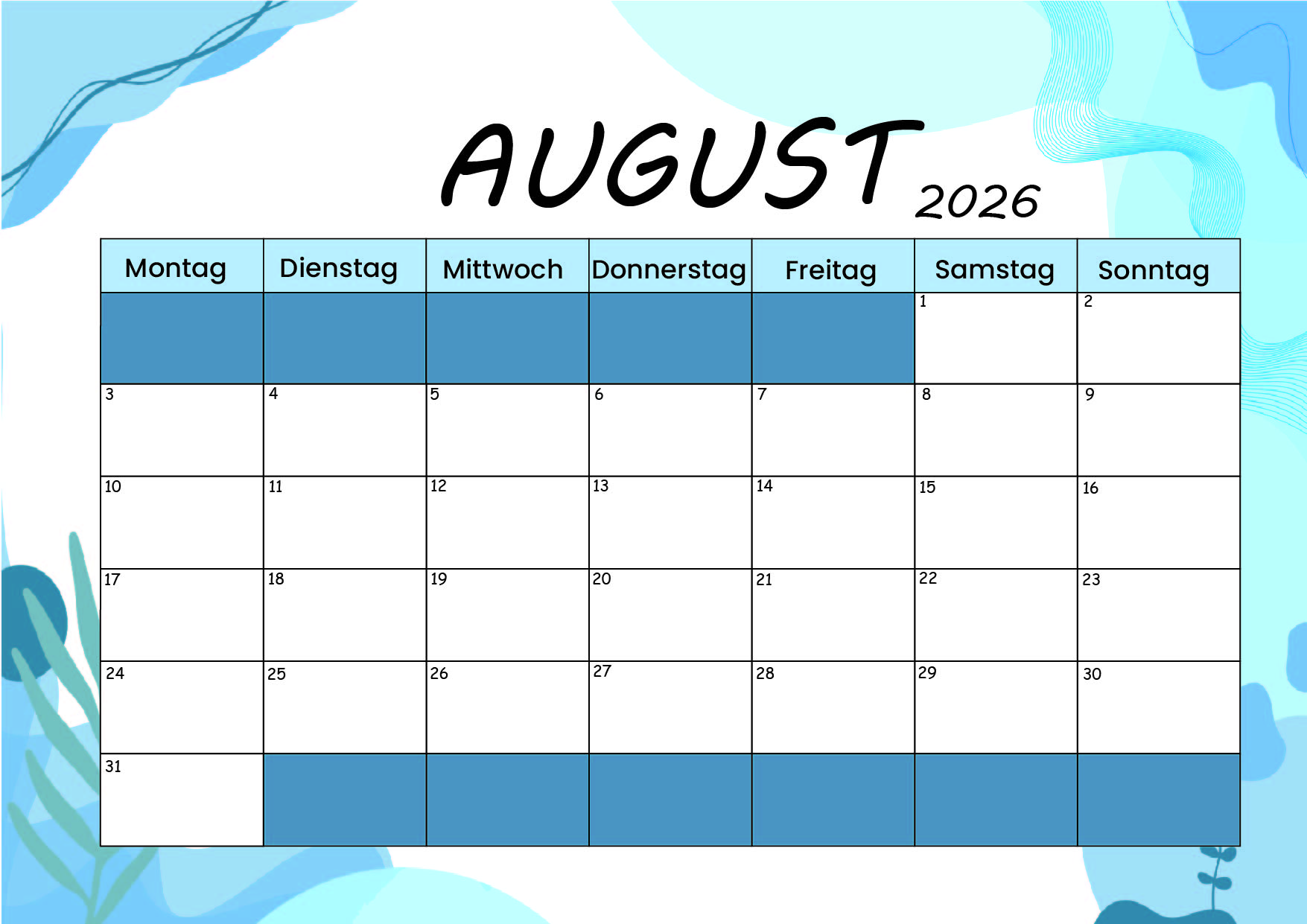 Kalender August zum 2026 Ausdrucken