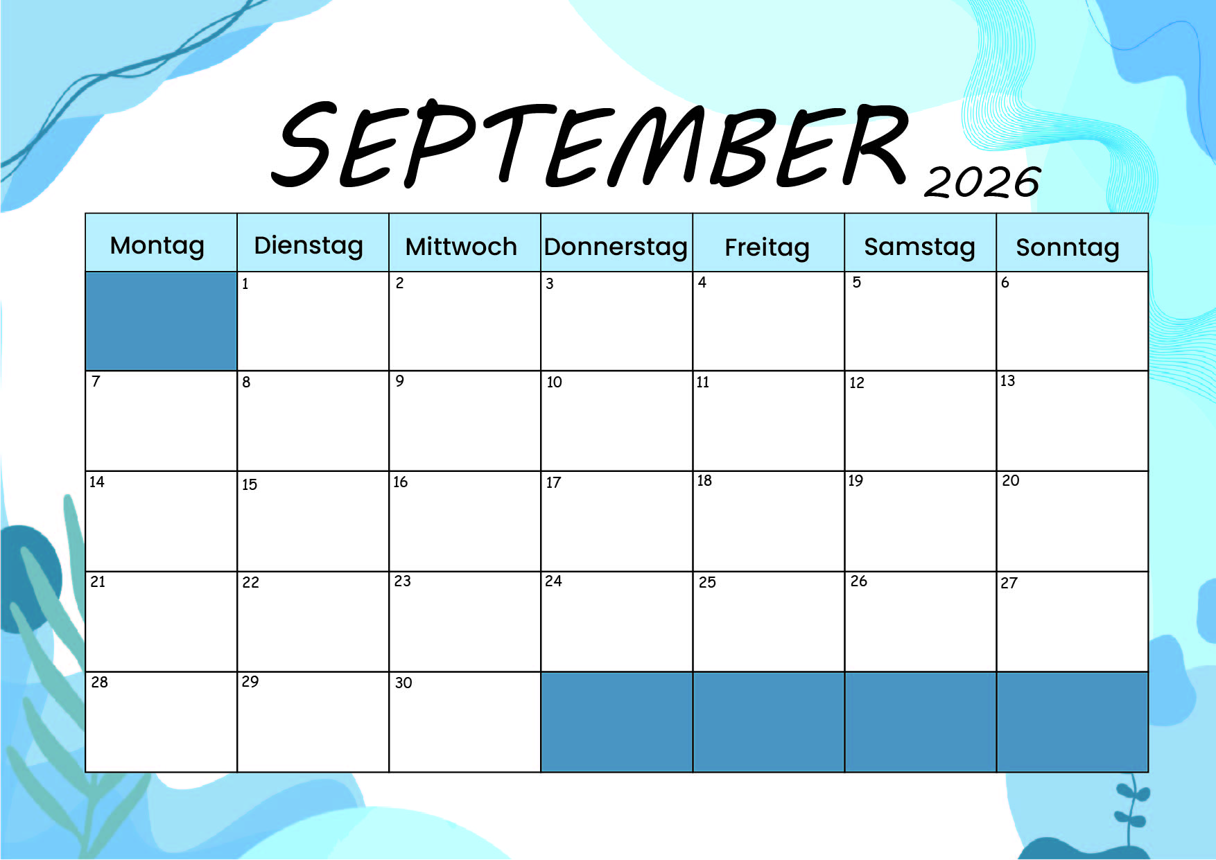 Kalender September zum 2026 Ausdrucken