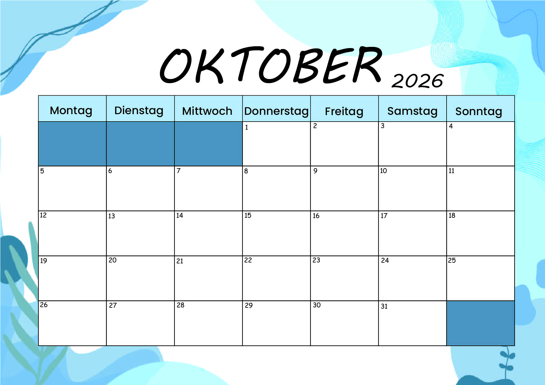 Kalender Oktober zum 2026 Ausdrucken