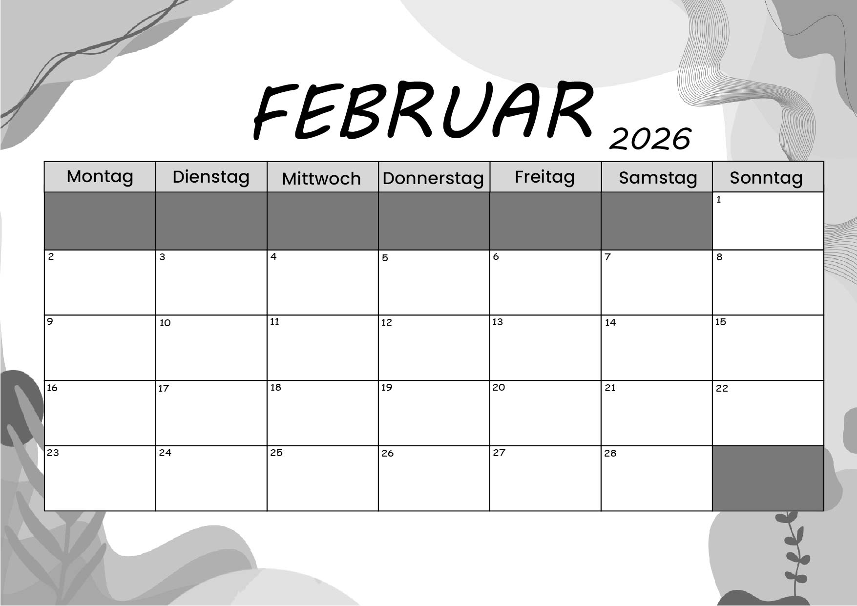 Februar 2026 Kalender zum Ausdrucken im PDF-Format