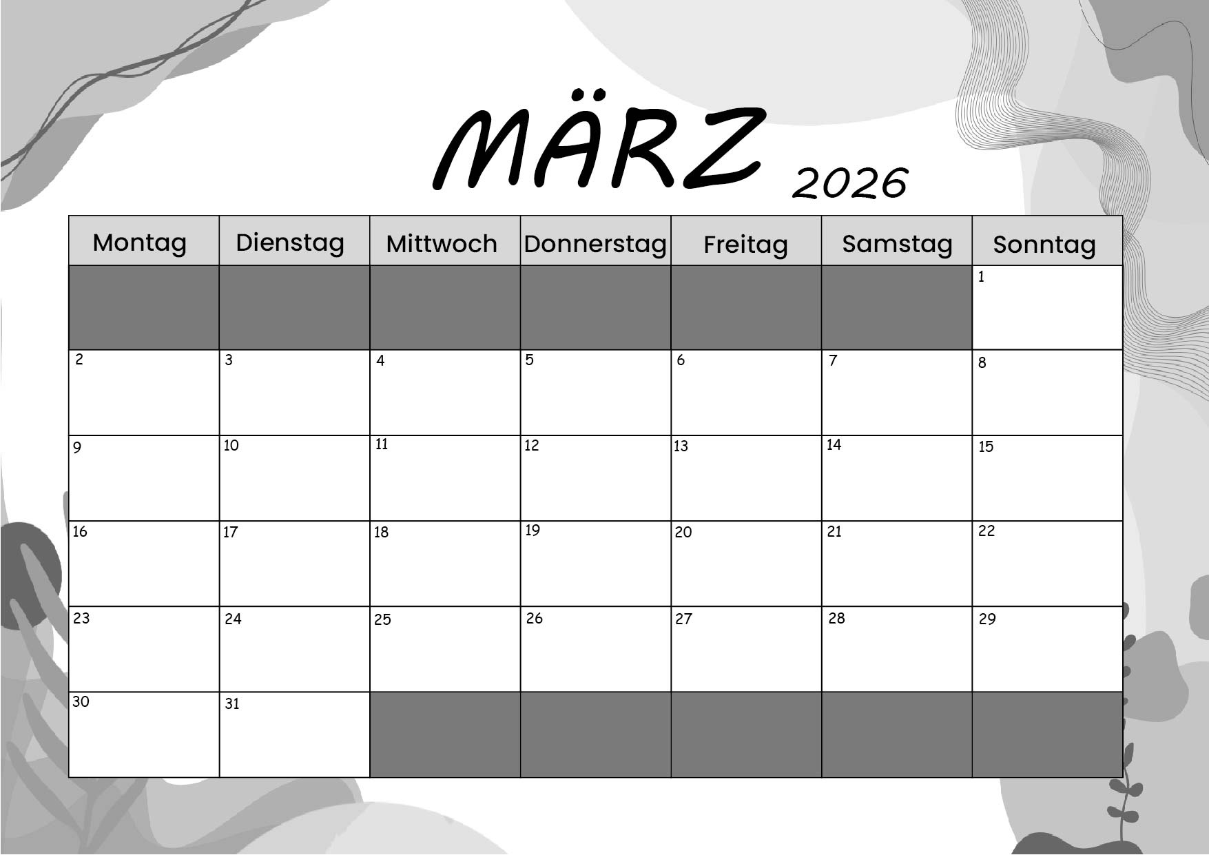 Kalender März zum 2026 Ausdrucken
