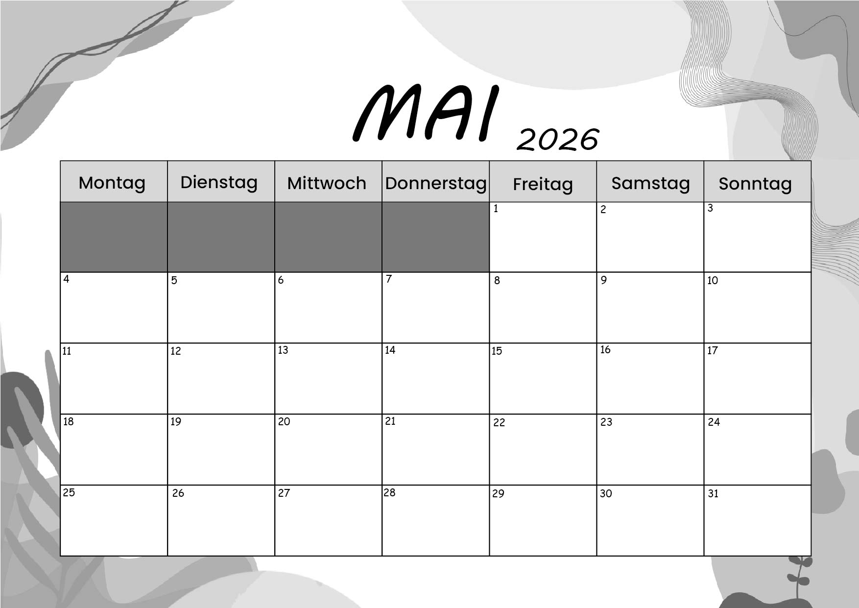 Kalender Mai zum 2026 Ausdrucken
