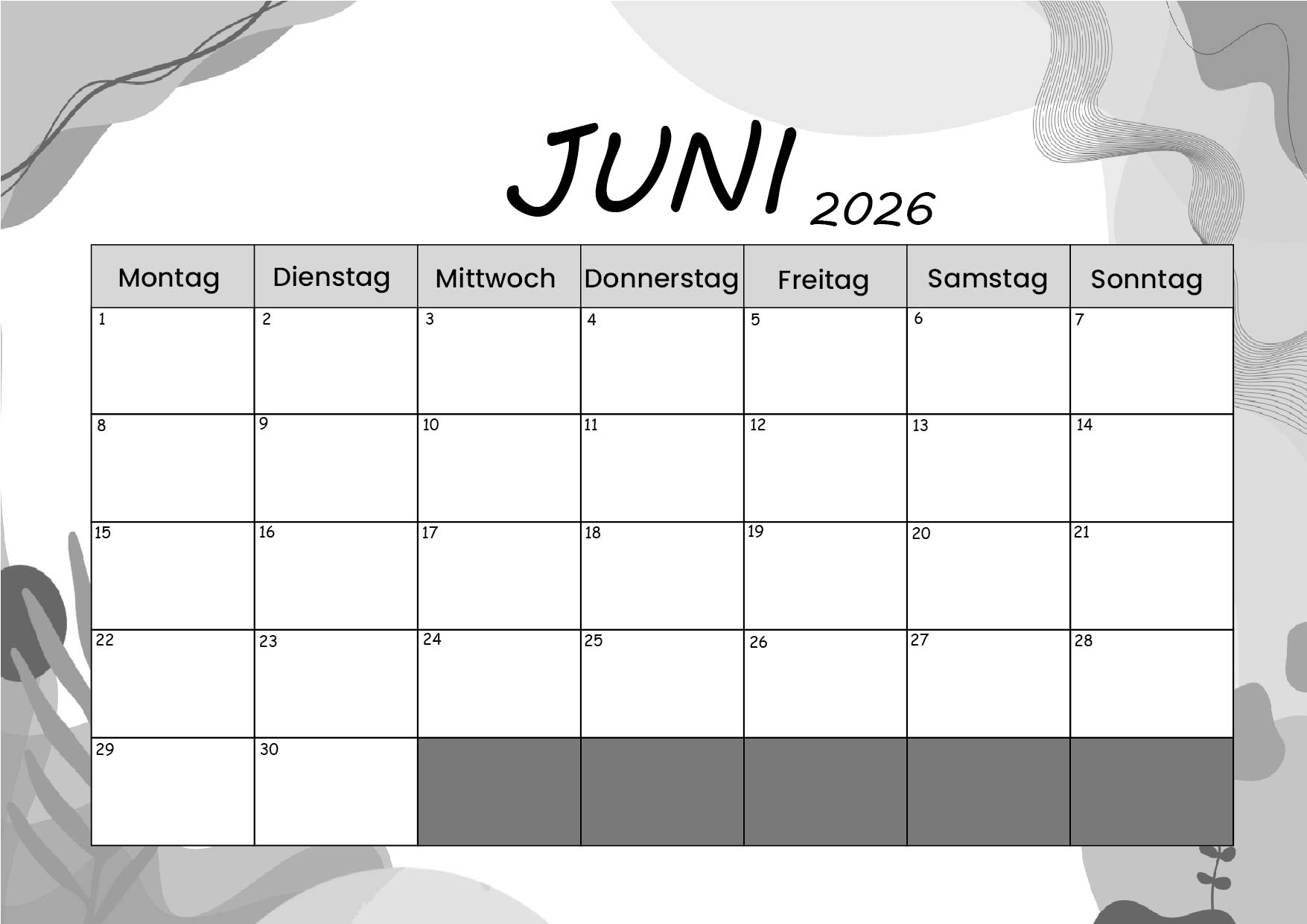 Kalender Juni zum 2026 Ausdrucken