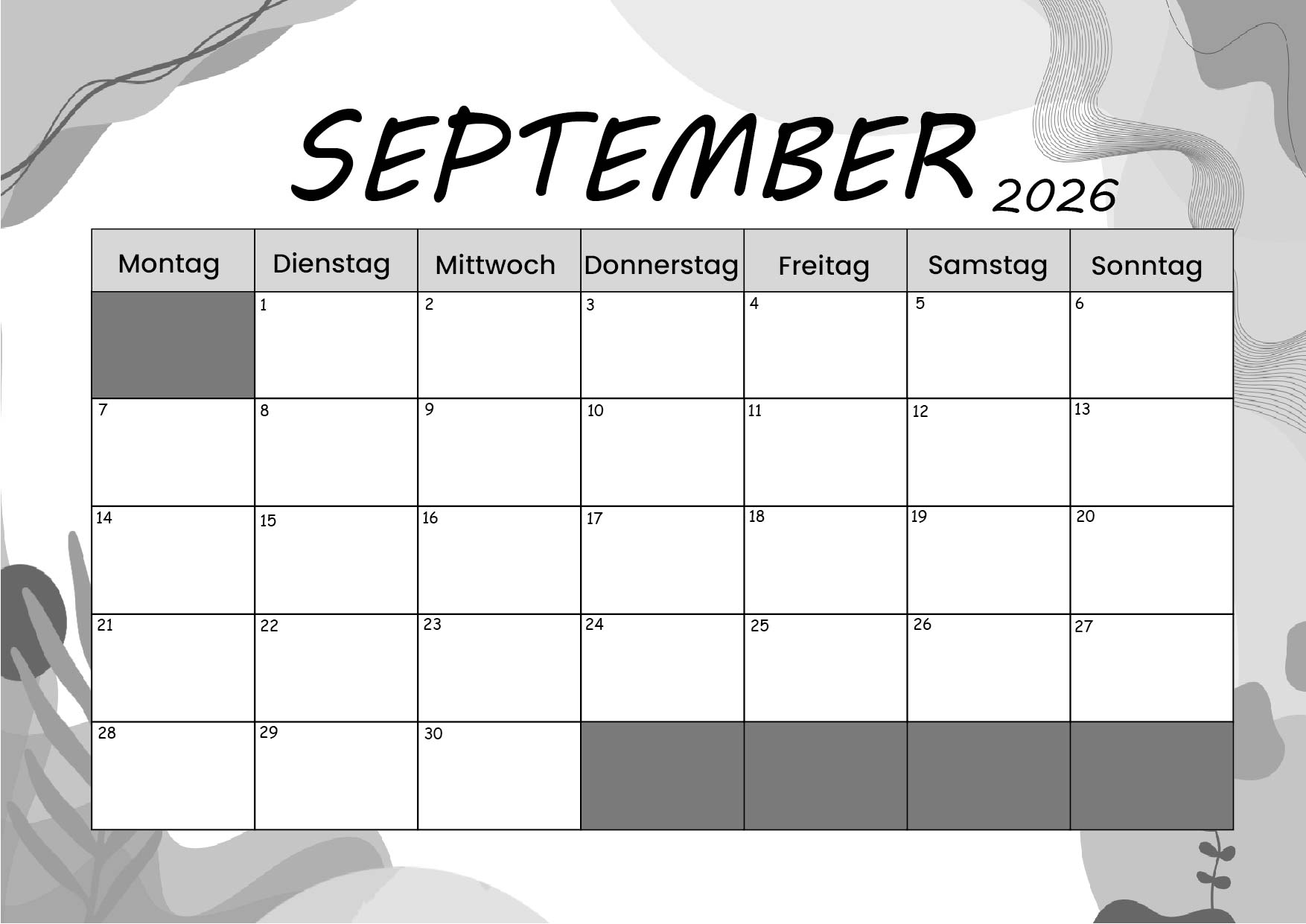 Kalender September zum 2026 Ausdrucken