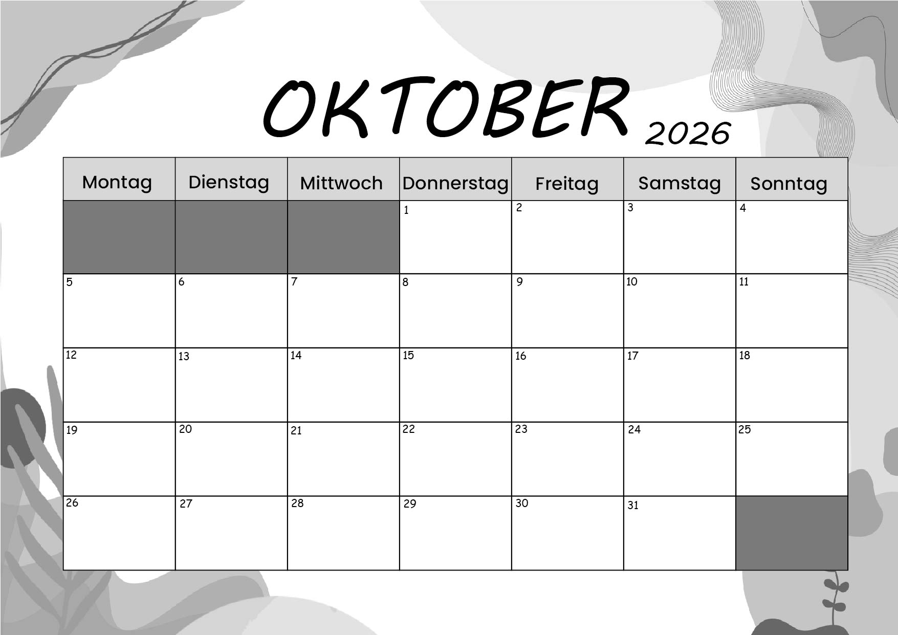 Kalender Oktober zum 2026 Ausdrucken