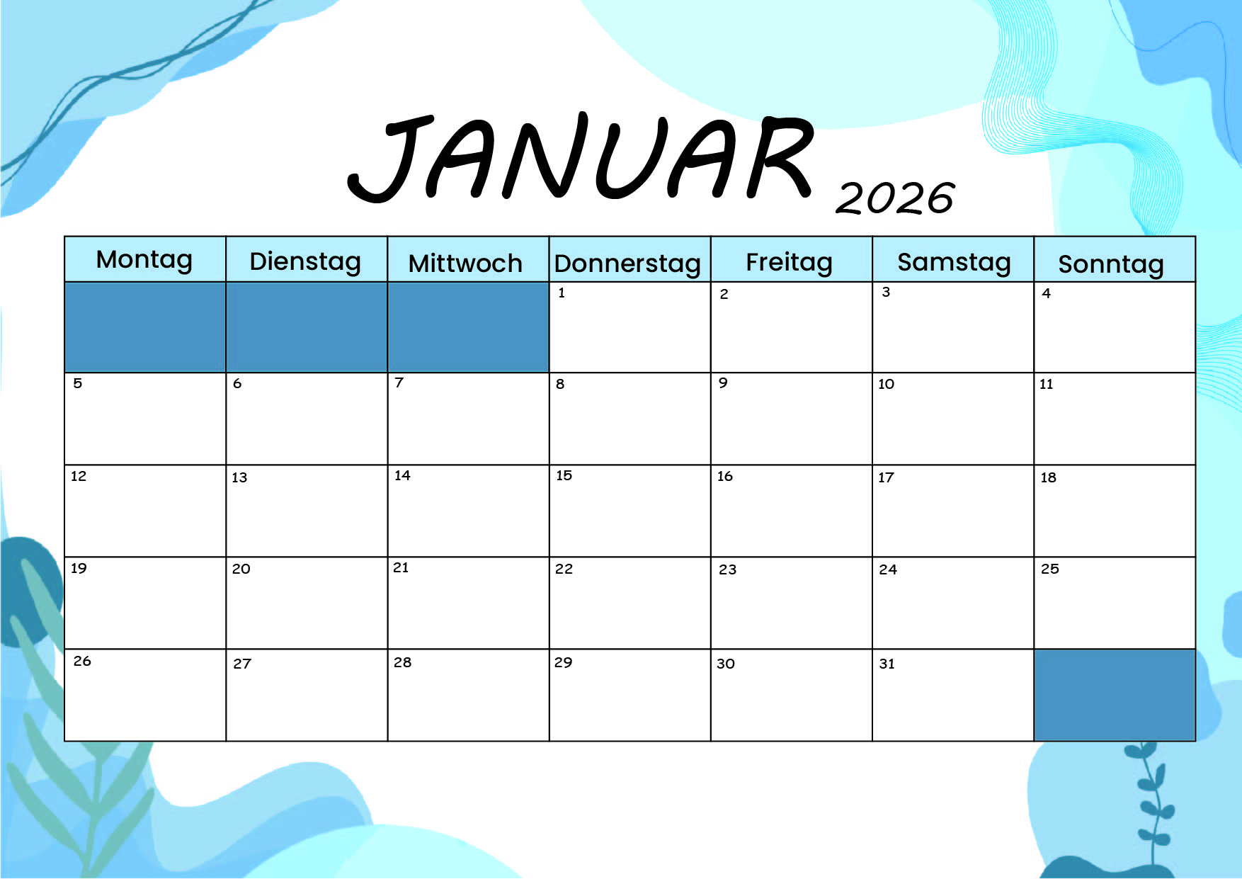 Kalender Januar zum 2026 Ausdrucken