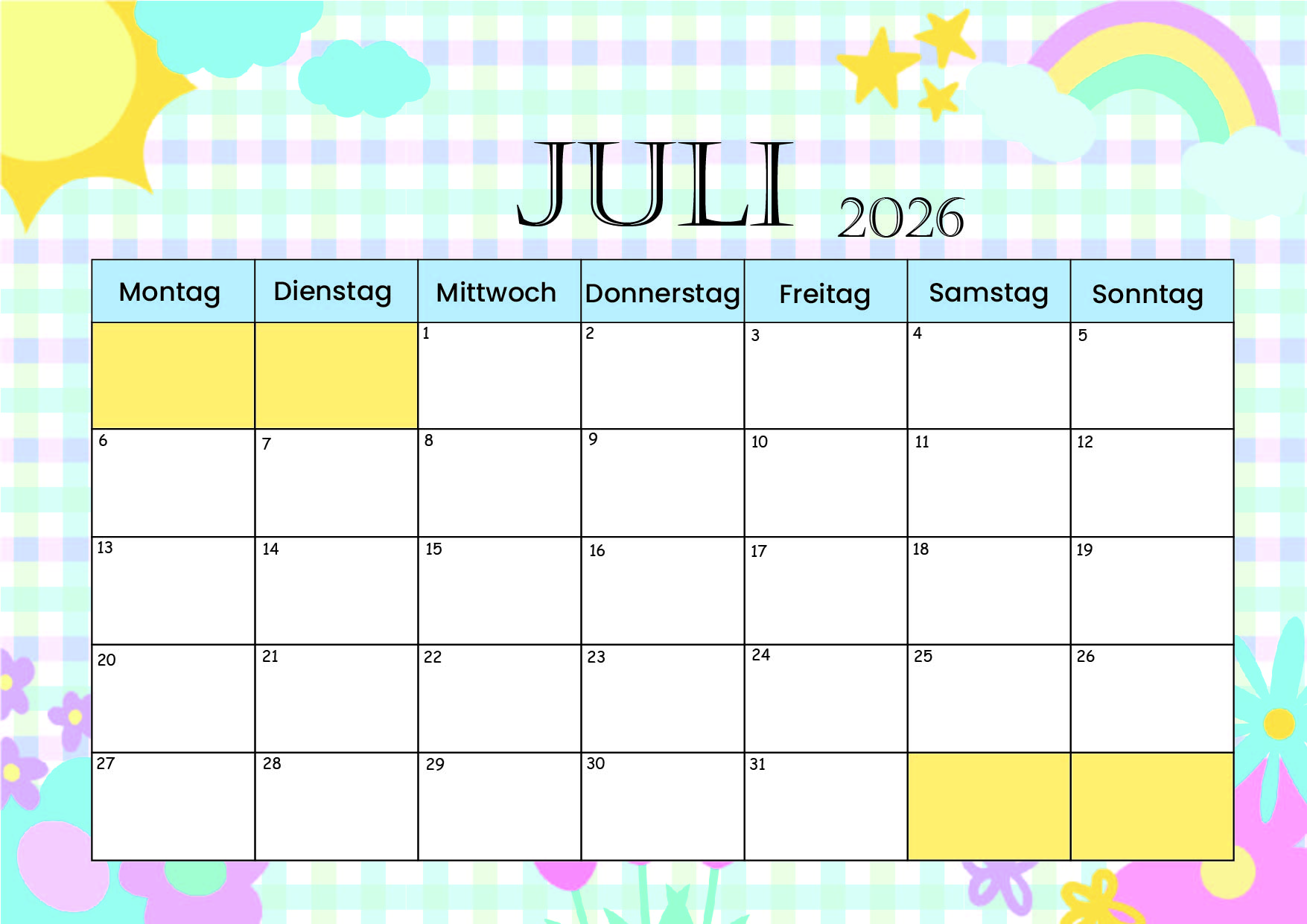 Kalender Juli zum 2026 Ausdrucken