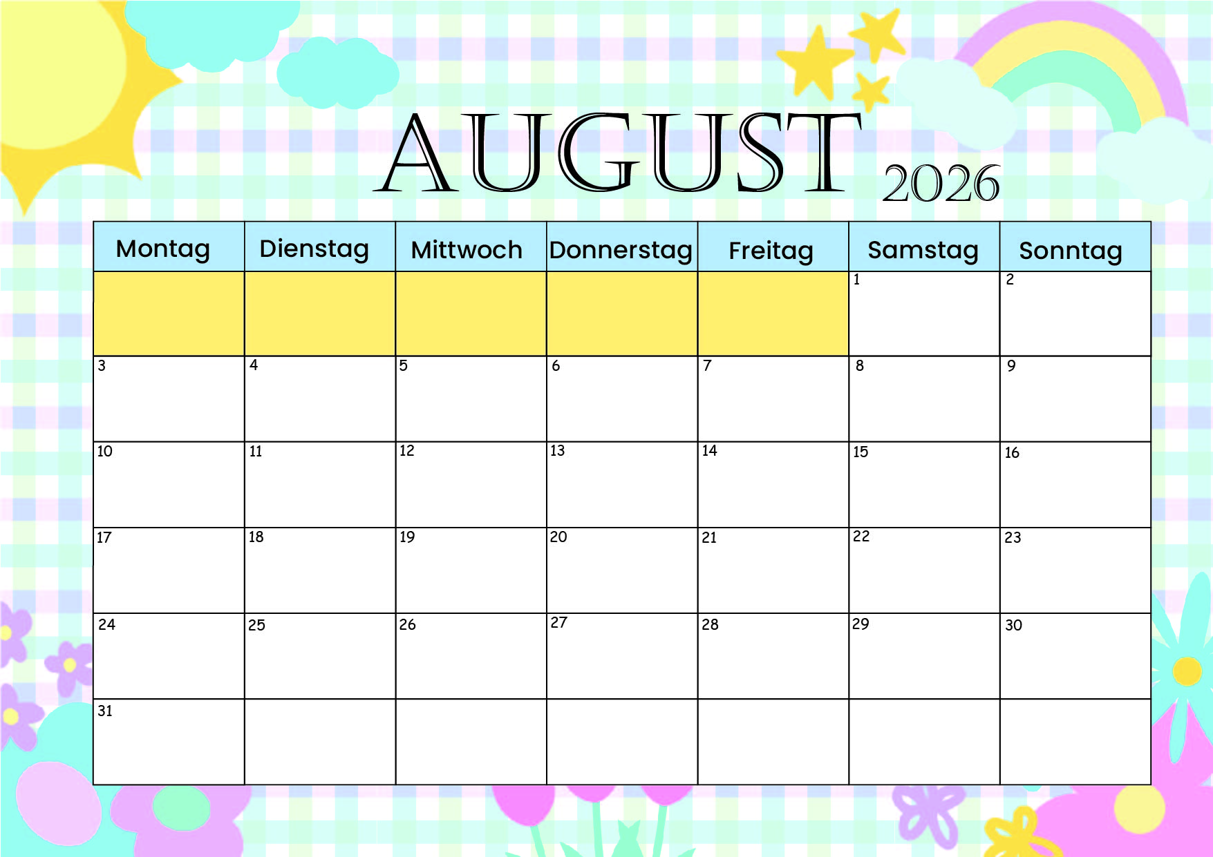 Kalender August zum 2026 Ausdrucken